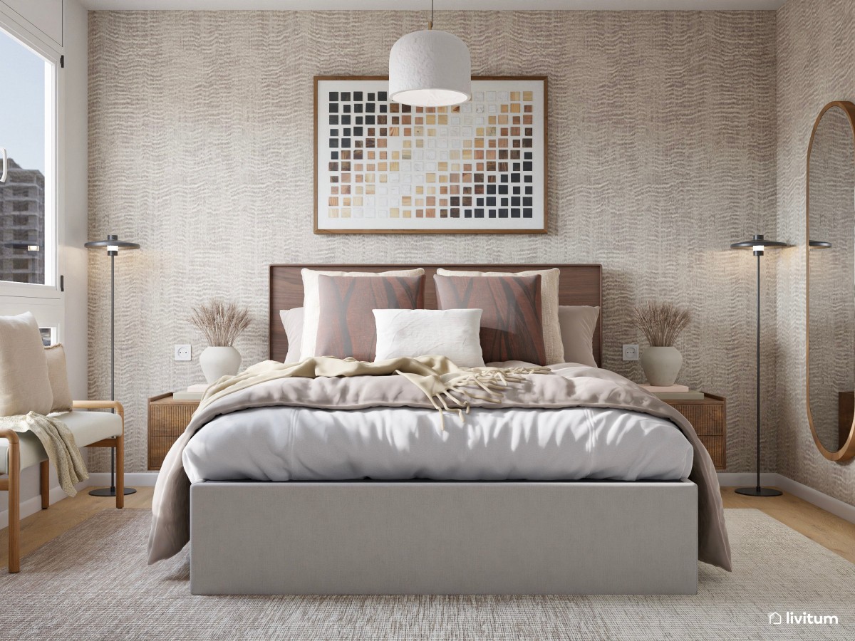 Dormitorio bohemio y elegante en tonos tierra con cabecero en nogal oscuro