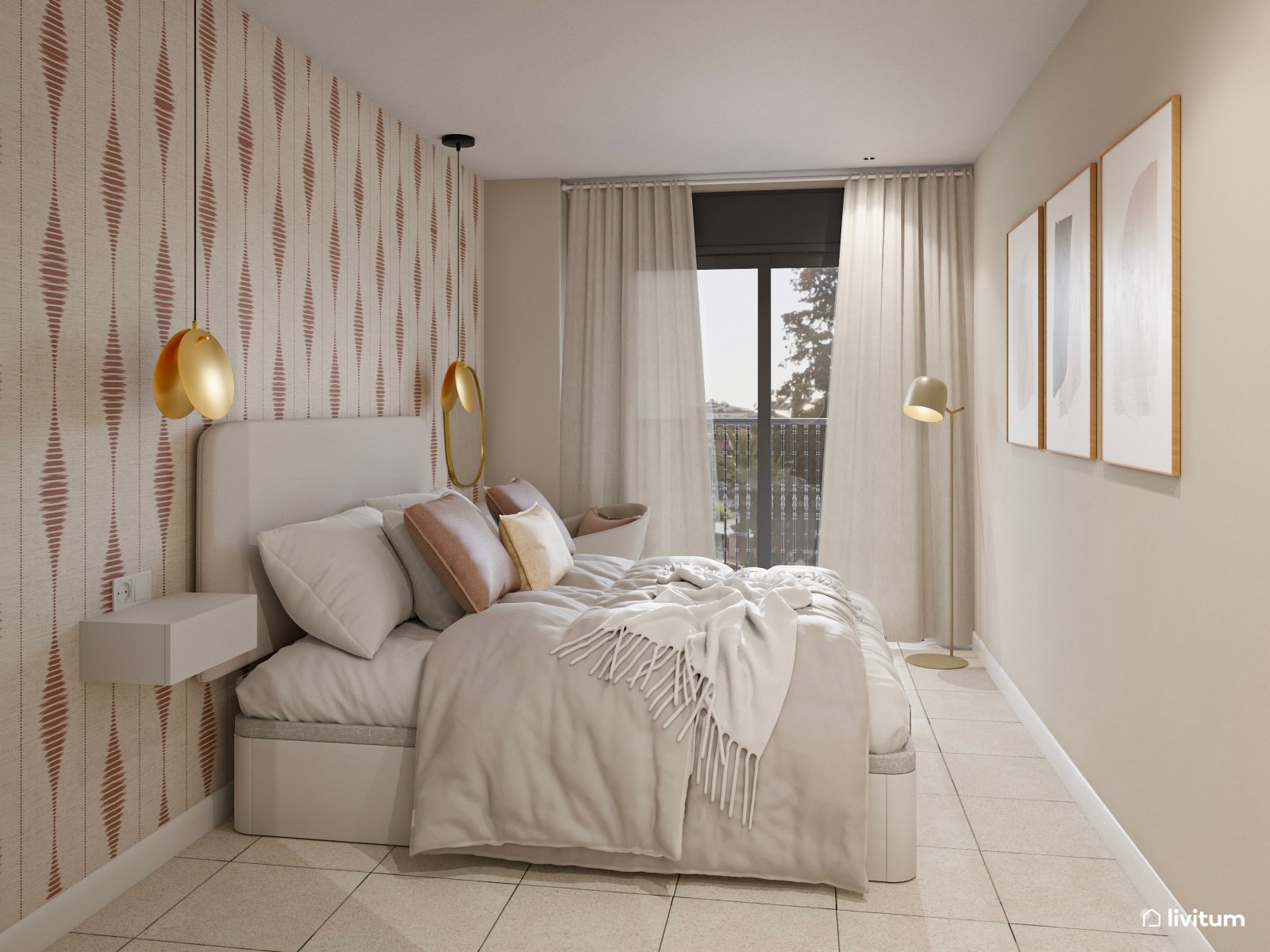 Dormitorio bohemio y moderno con papel pintado estampado