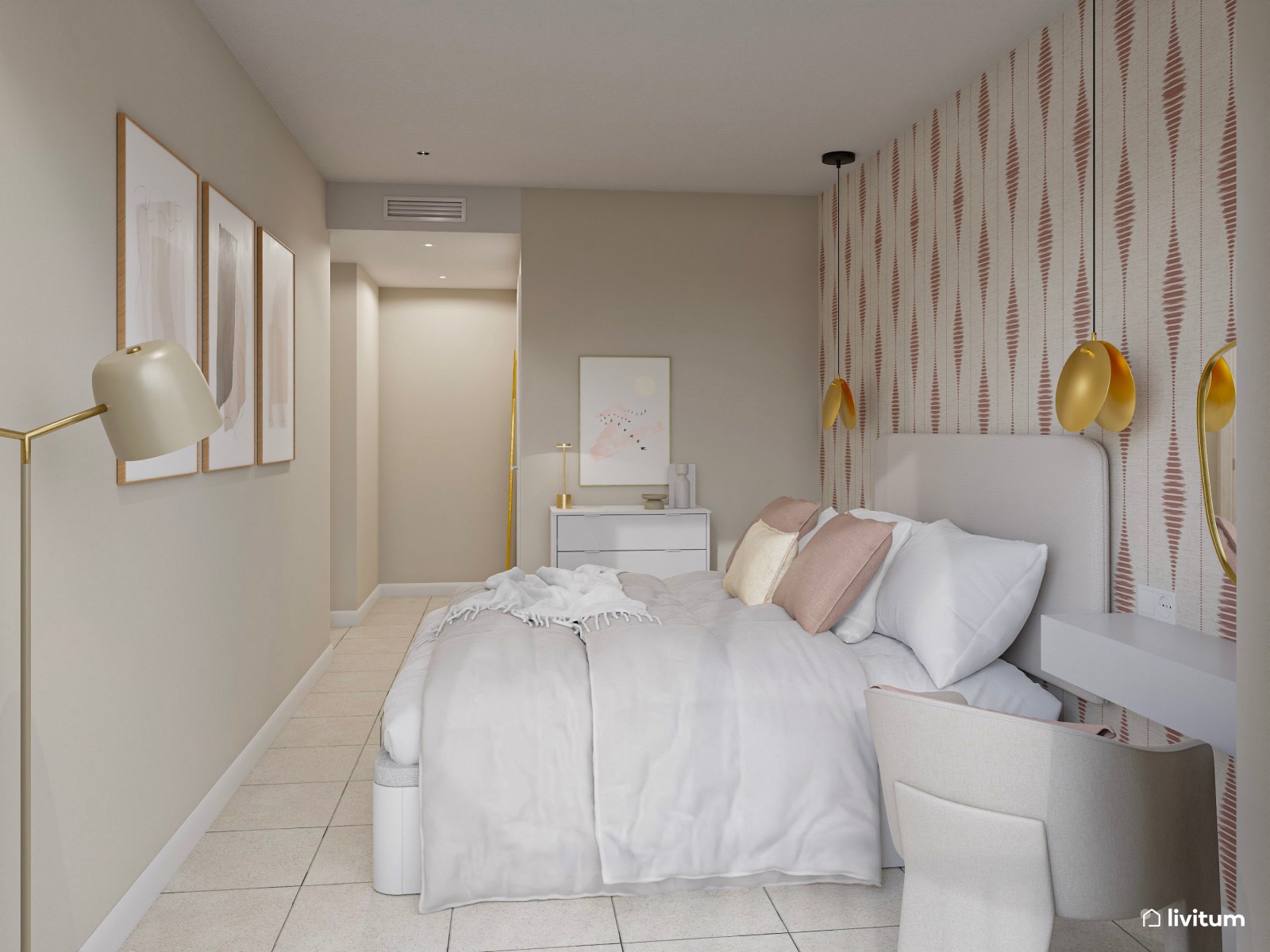 Dormitorio bohemio y moderno con papel pintado estampado