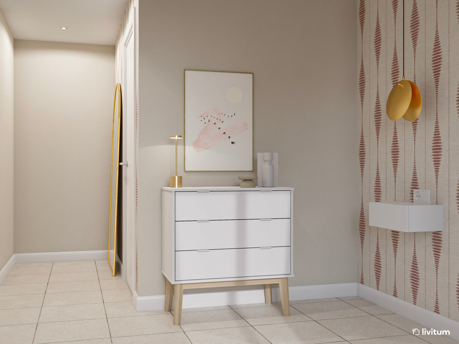 Dormitorio bohemio y moderno con papel pintado estampado