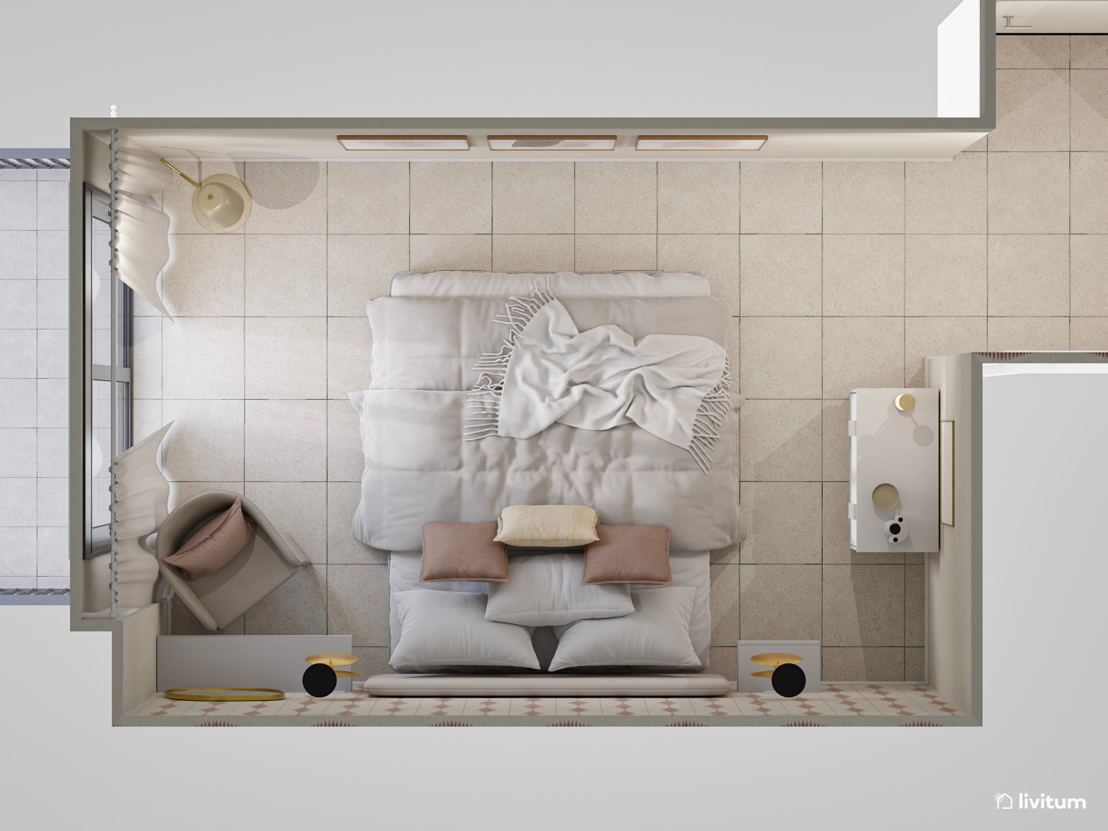 Dormitorio bohemio y moderno con papel pintado estampado