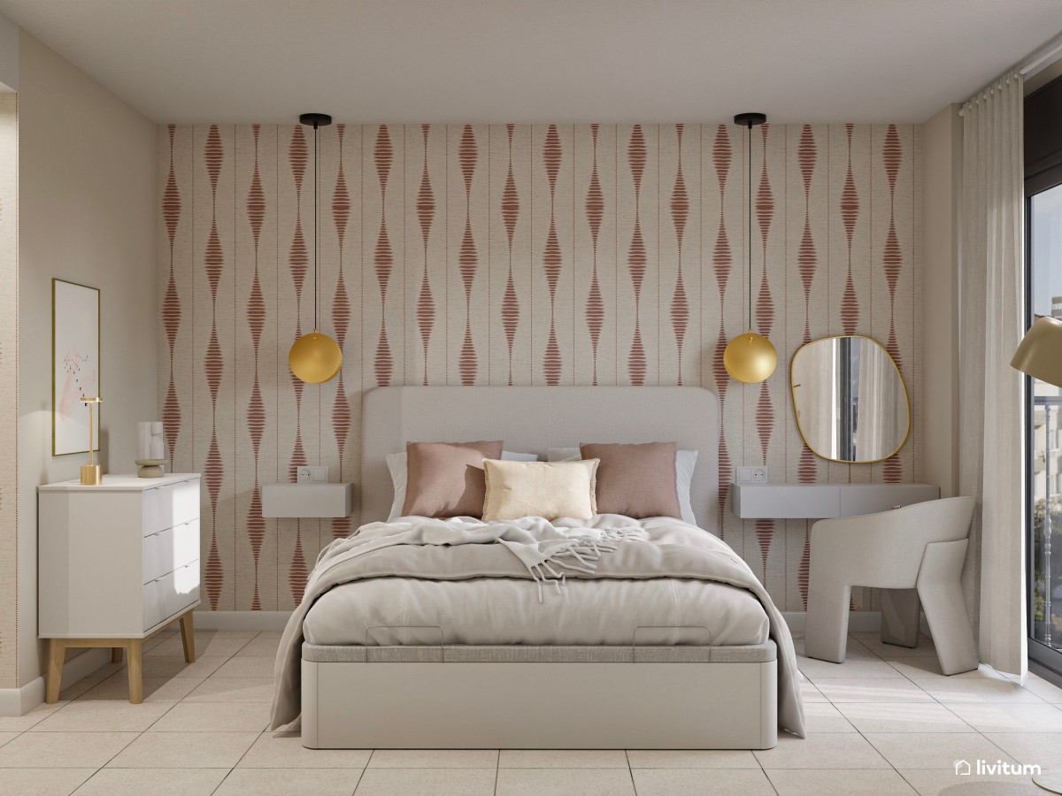 Dormitorio bohemio y moderno con papel pintado estampado