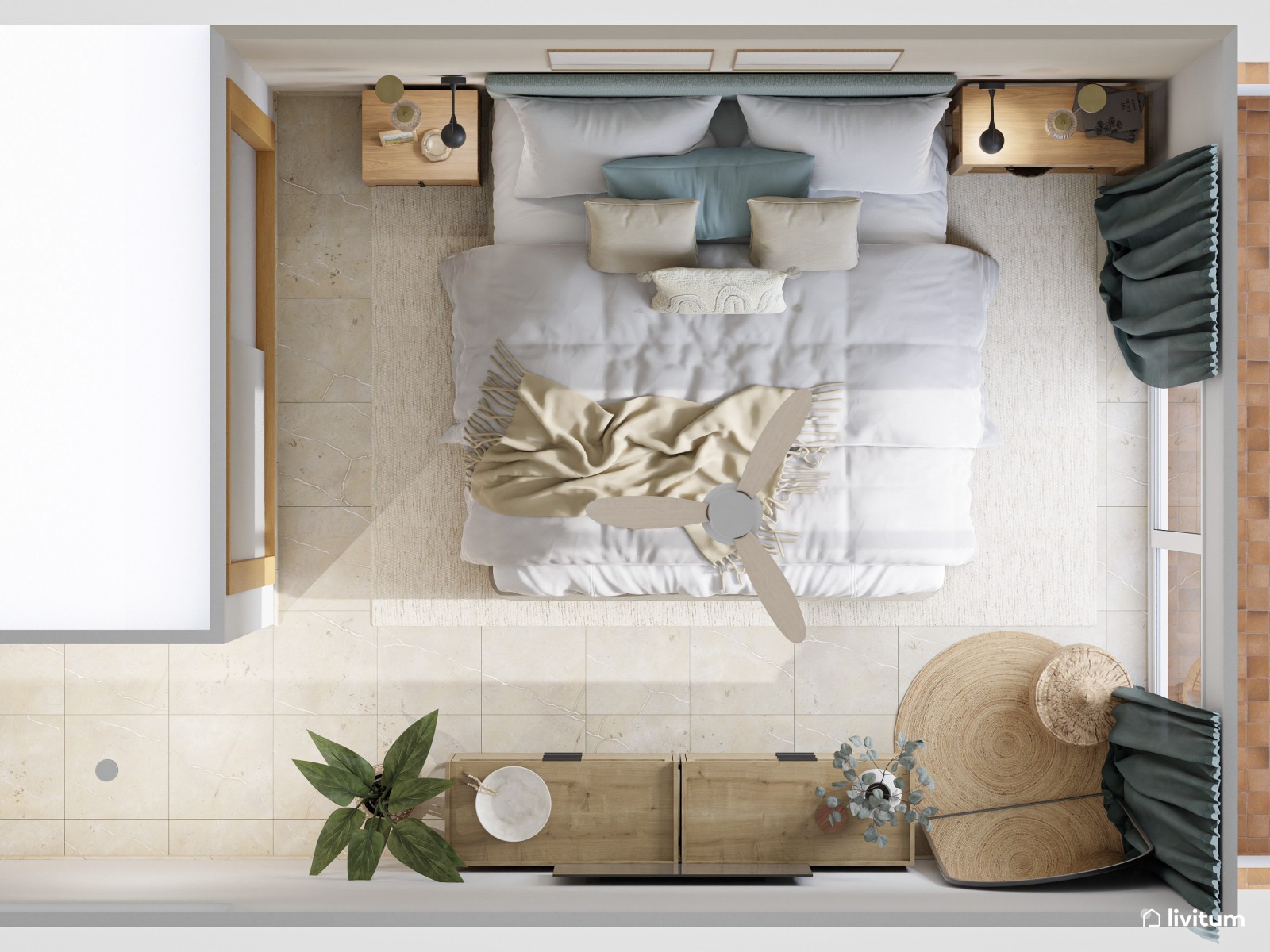 Dormitorio boho con detalles rústicos, toques de azul y luces cálidas