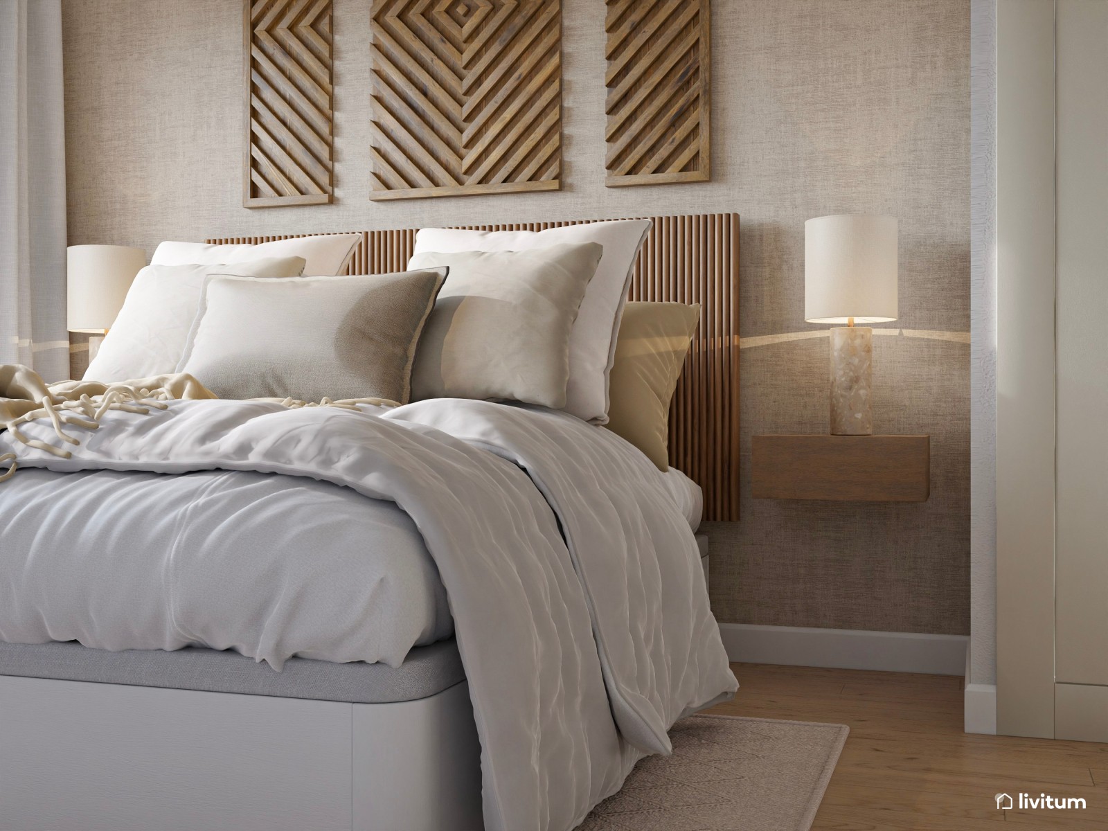 Dormitorio boho con texturas y relieves interesantes