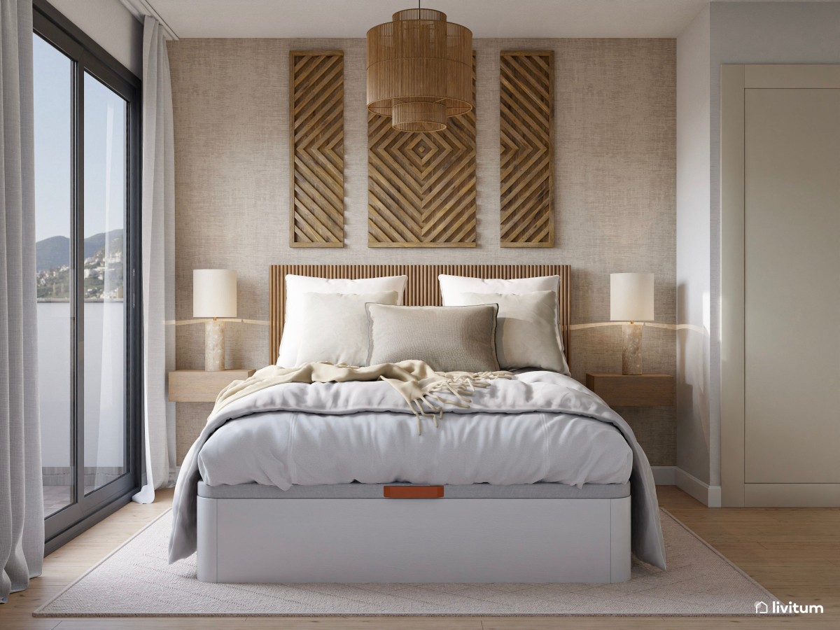 Dormitorio boho con texturas y relieves interesantes