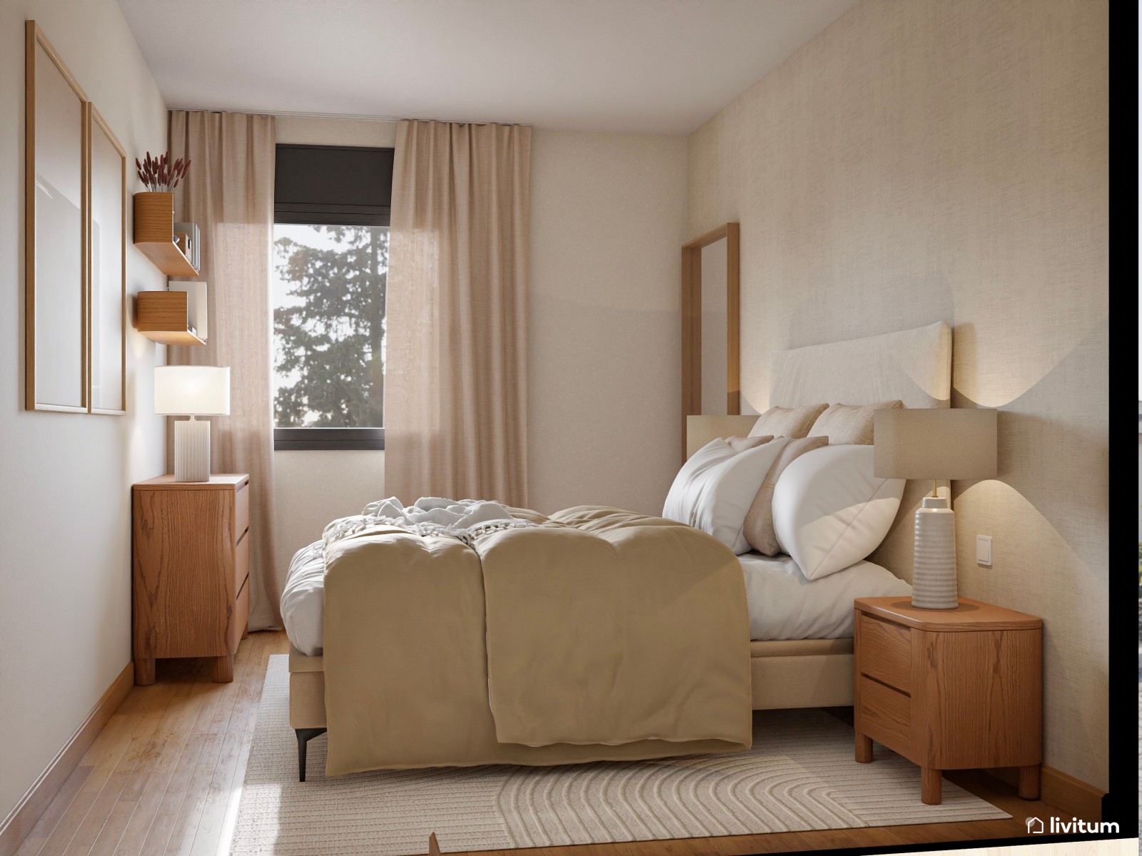 Dormitorio boho y moderno con cuadros decorativos de gran formato