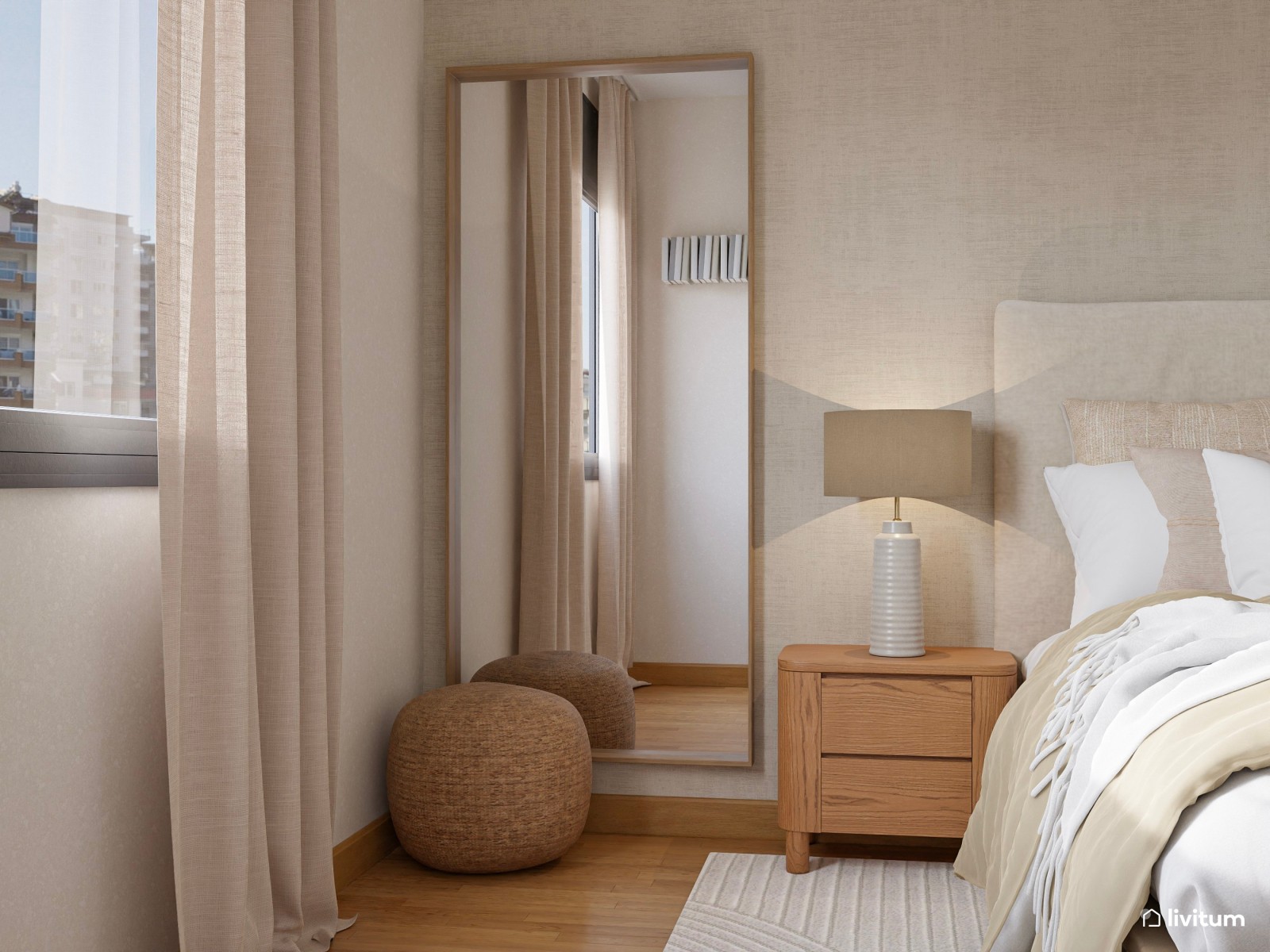 Dormitorio boho y moderno con cuadros decorativos de gran formato