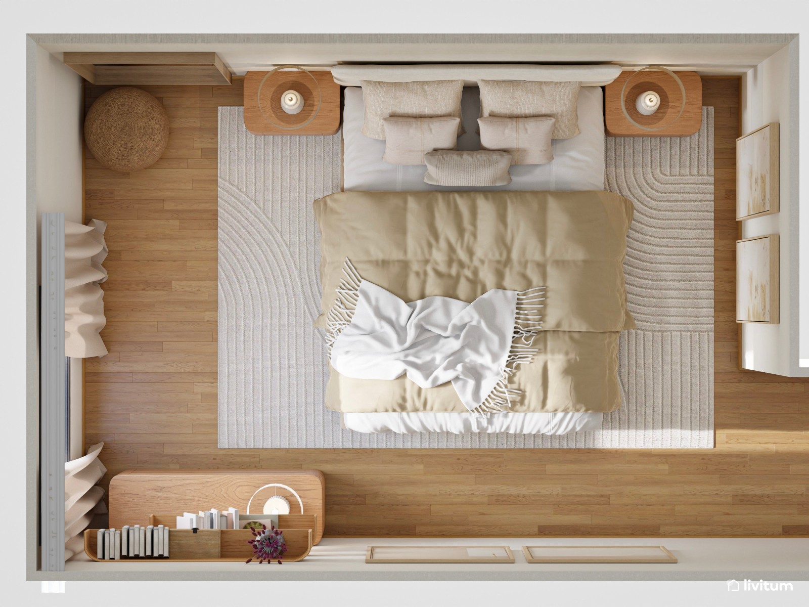 Dormitorio boho y moderno con cuadros decorativos de gran formato