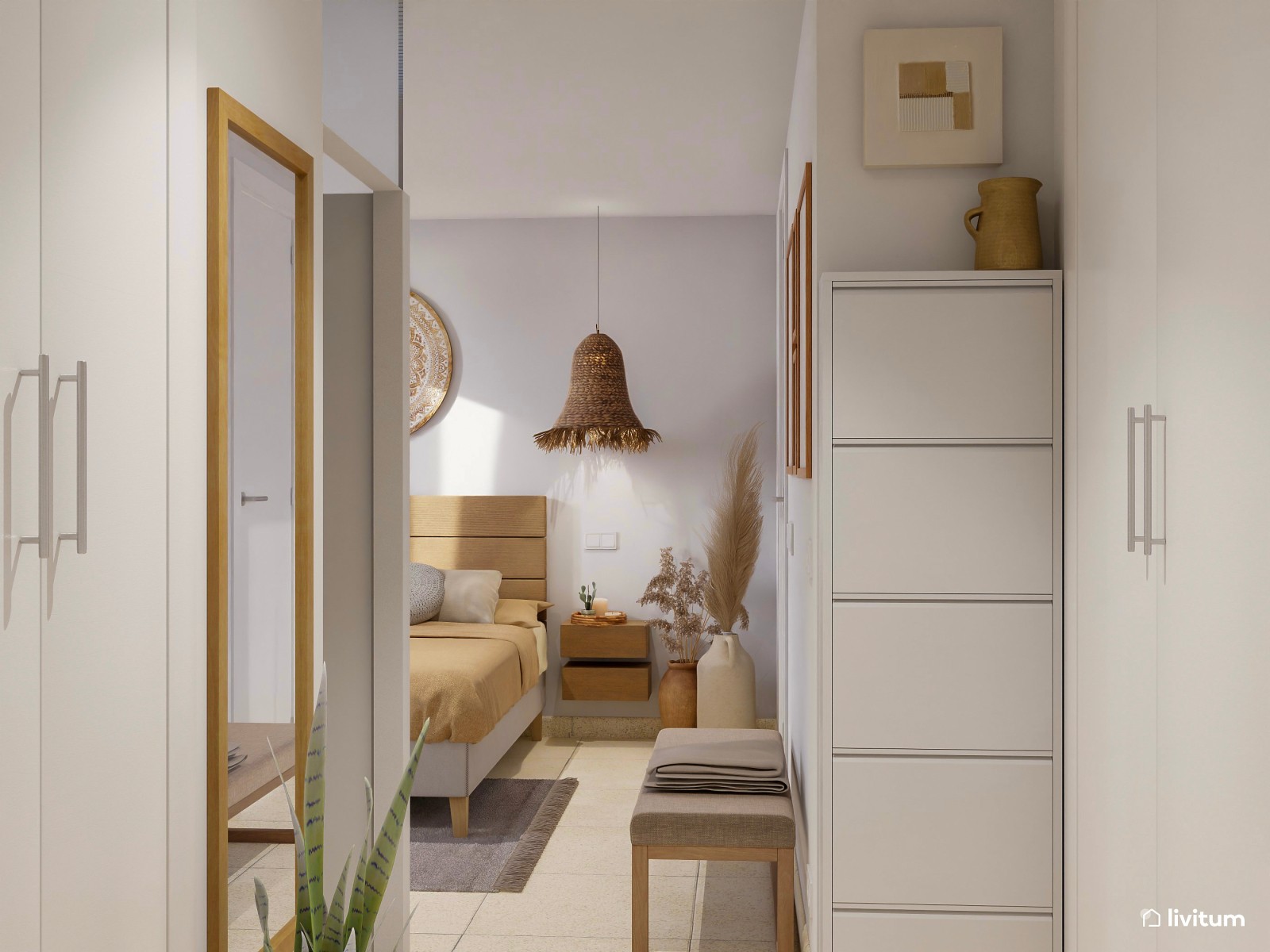 Dormitorio boho y nórdico con fibras naturales 