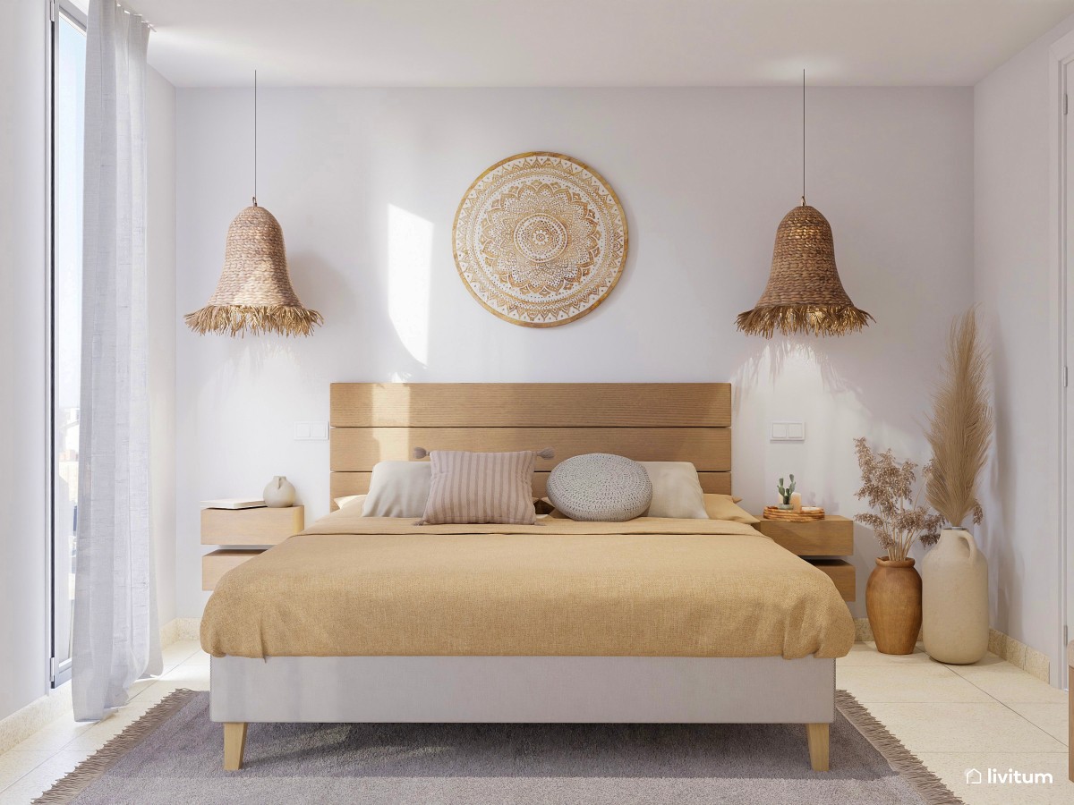 Dormitorio boho y nórdico con fibras naturales