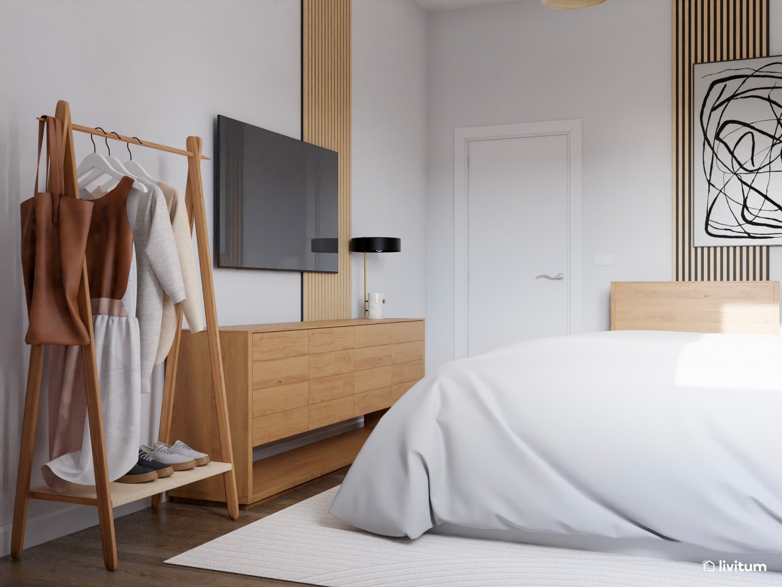 Dormitorio cálido con pared acento en gris 