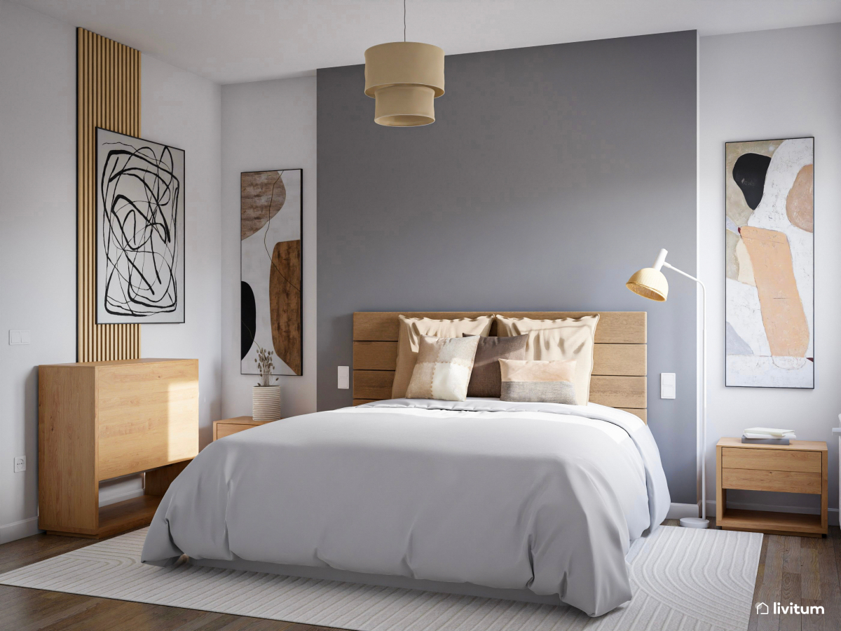 Dormitorio cálido con pared acento en gris