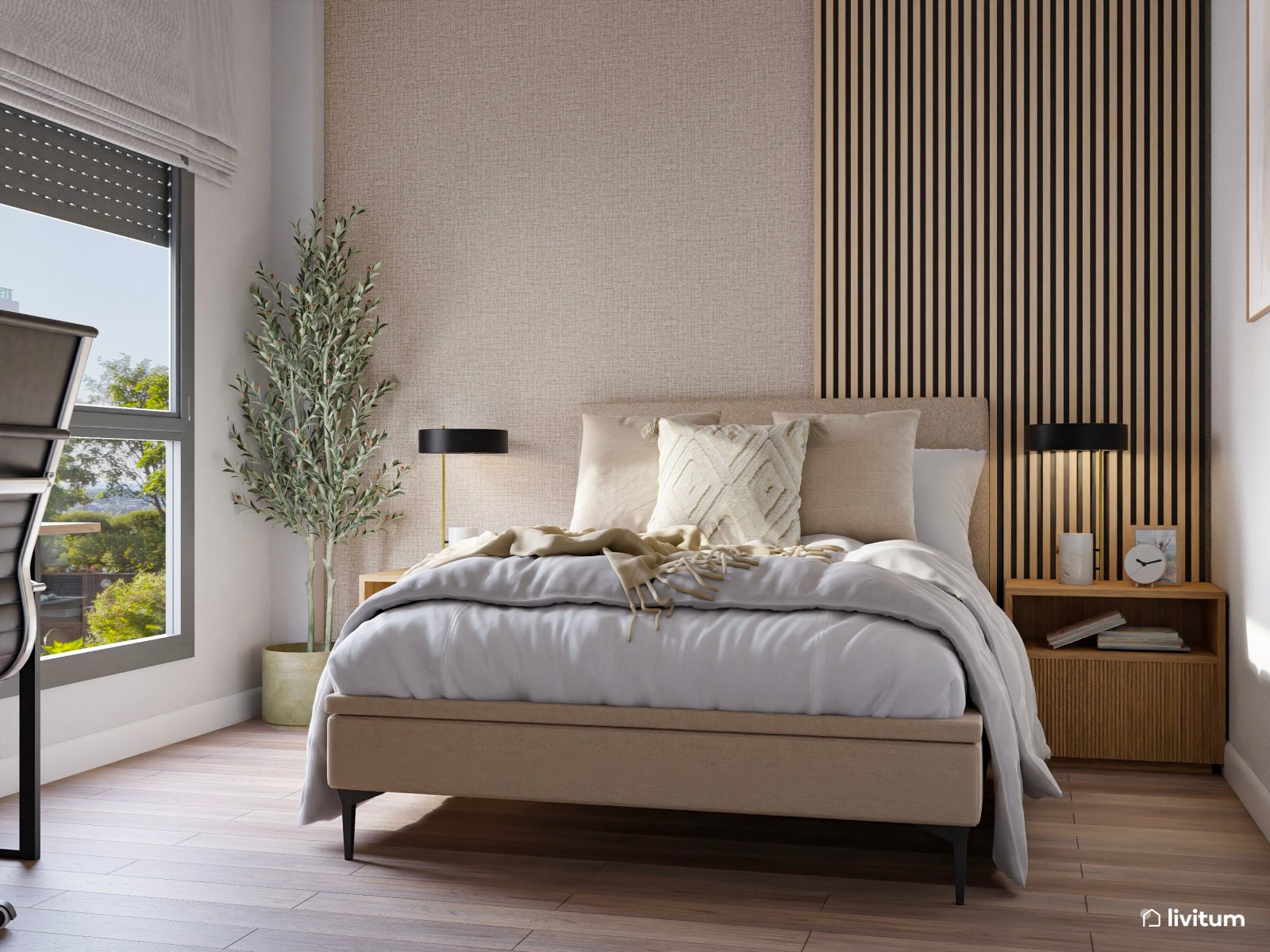 Dormitorio cálido con zona de trabajo junto a la ventana