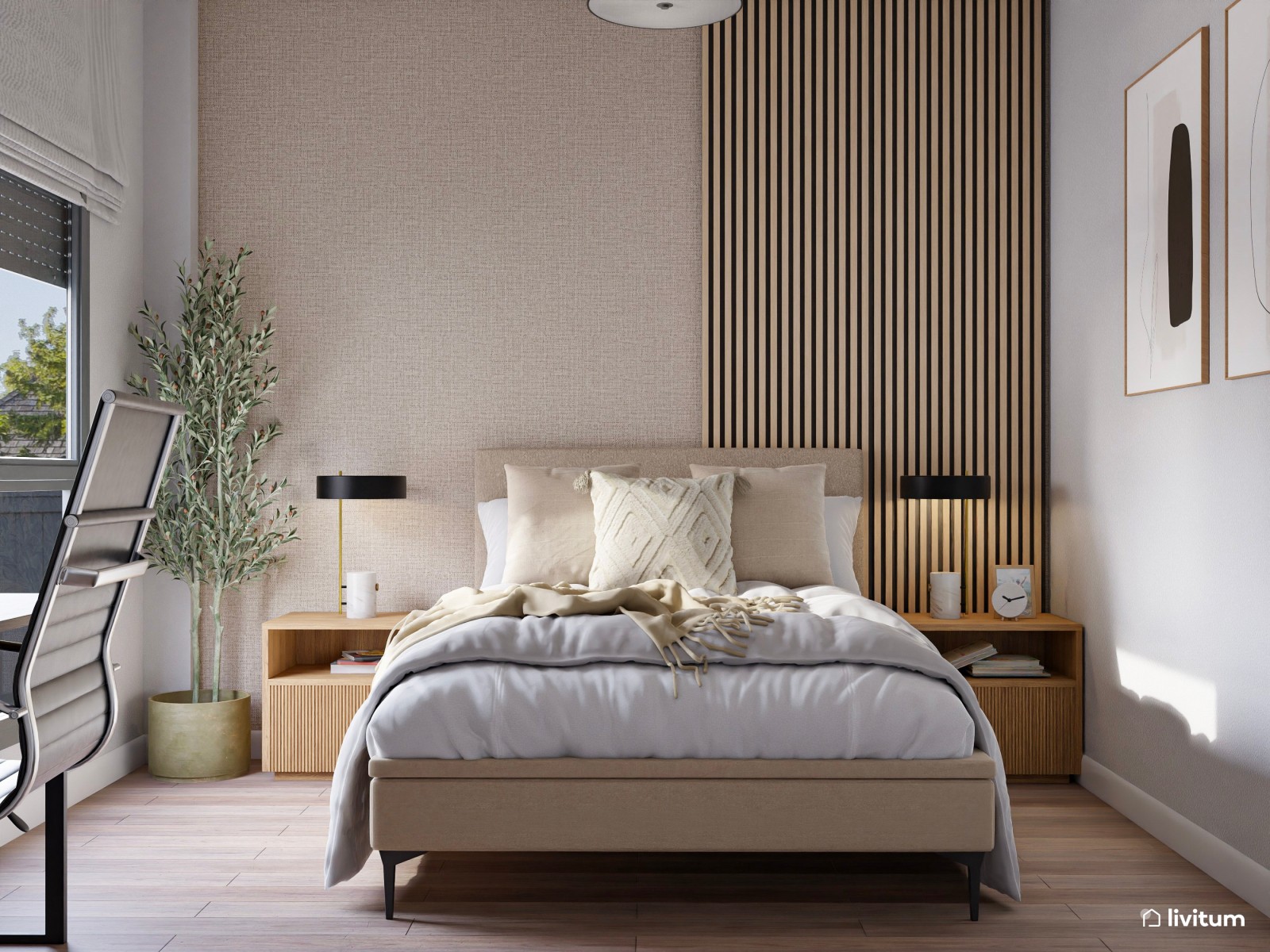 Dormitorio cálido con zona de trabajo junto a la ventana