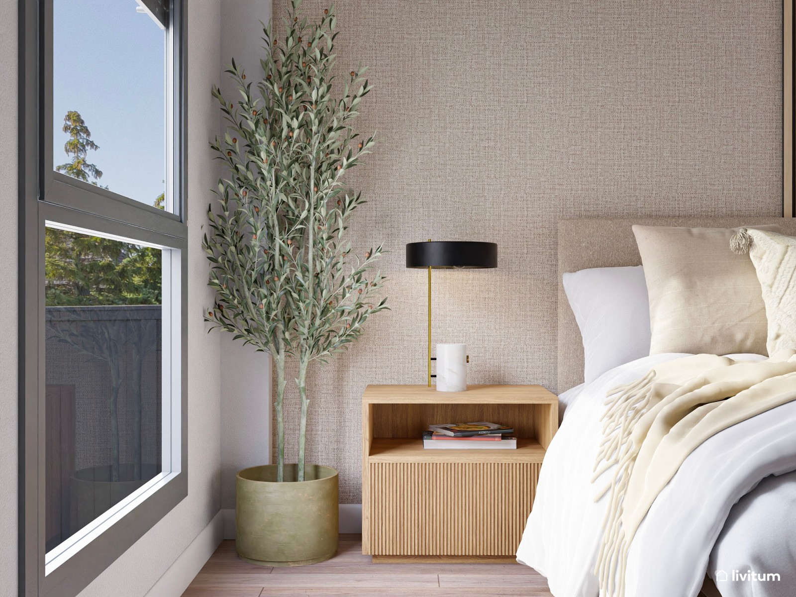 Dormitorio cálido con zona de trabajo junto a la ventana