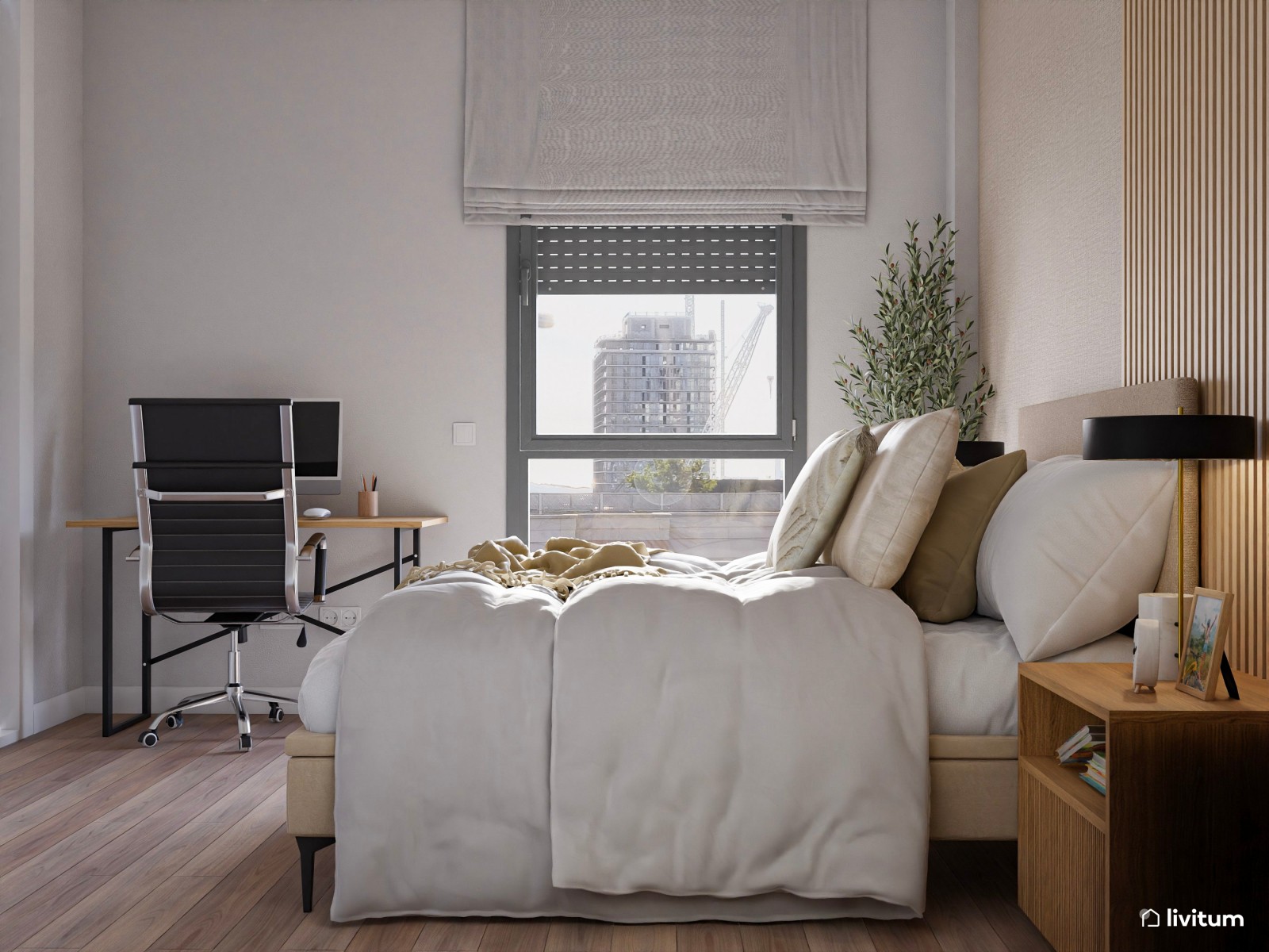 Dormitorio cálido con zona de trabajo junto a la ventana