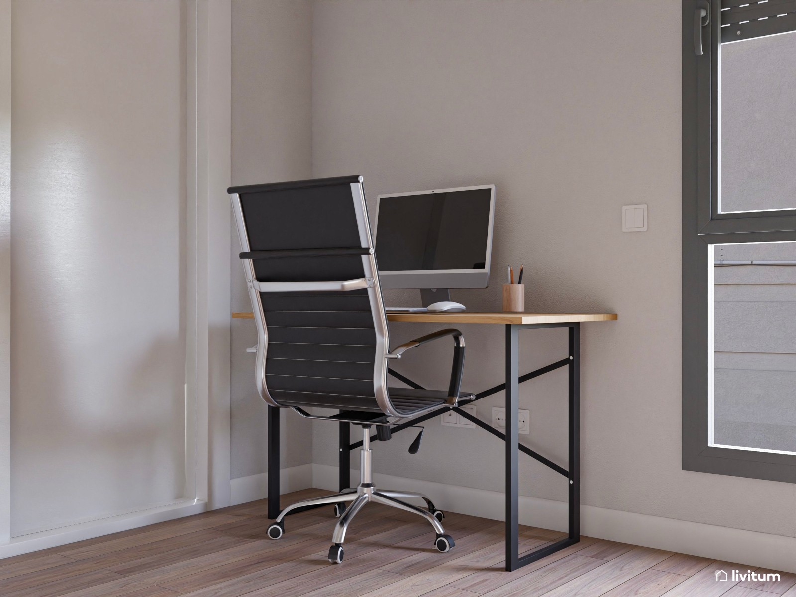 Dormitorio cálido con zona de trabajo junto a la ventana