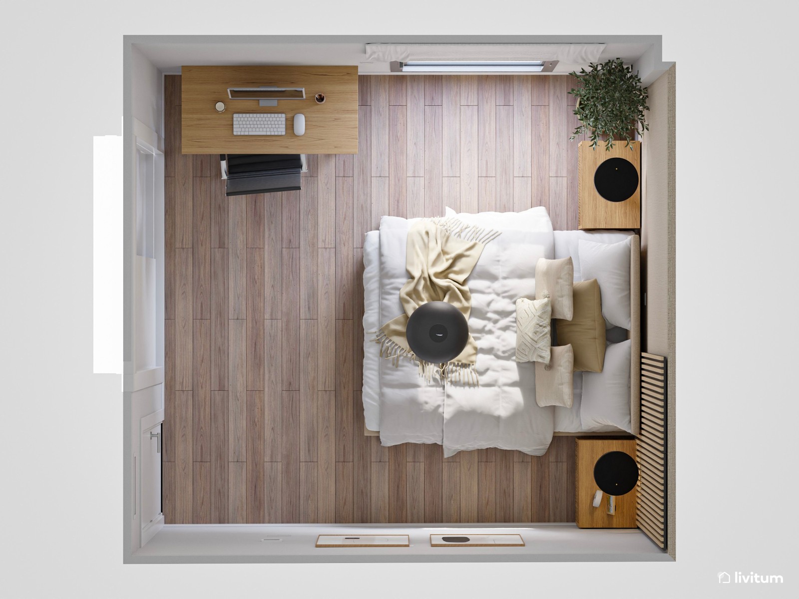 Dormitorio cálido con zona de trabajo junto a la ventana