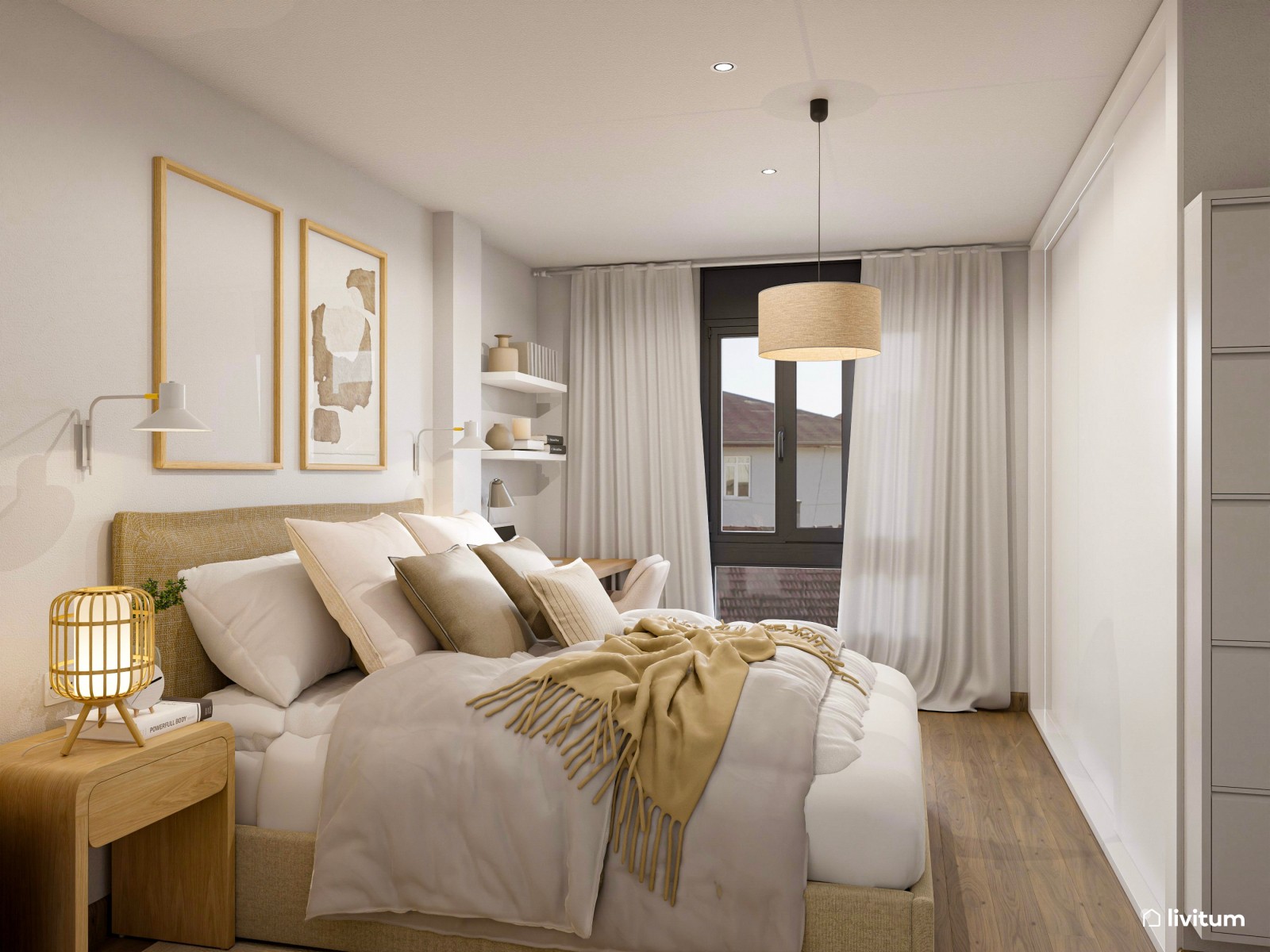 Dormitorio cálido, moderno y romántico con zona de trabajo