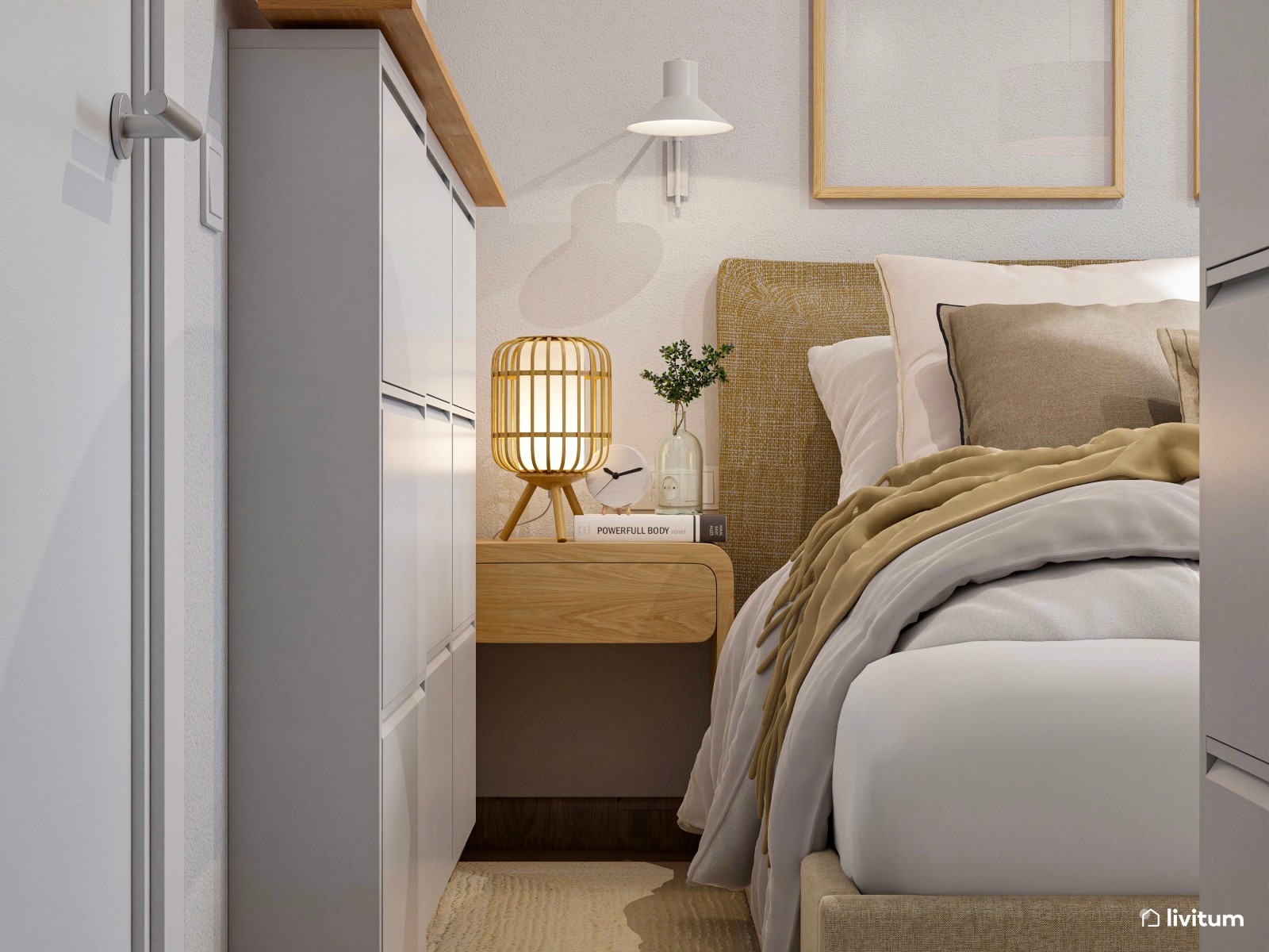 Dormitorio cálido, moderno y romántico con zona de trabajo