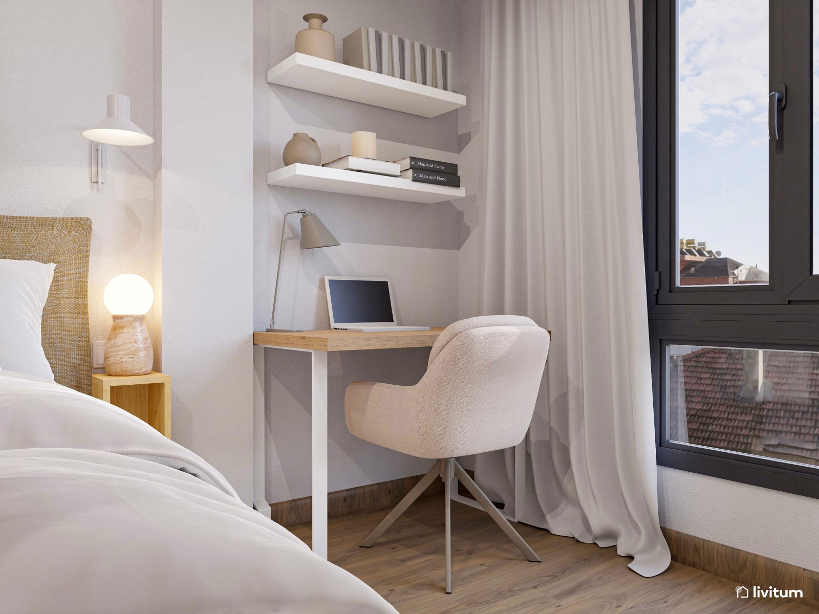 Dormitorio cálido, moderno y romántico con zona de trabajo