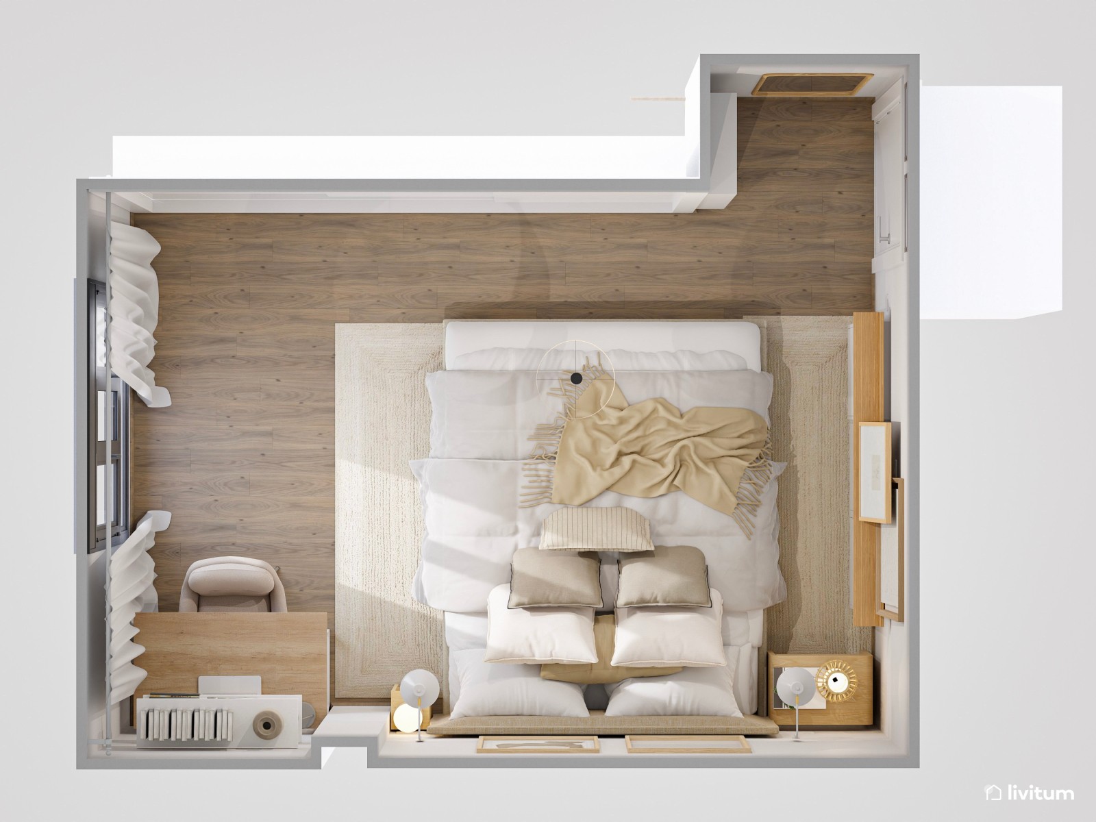 Dormitorio cálido, moderno y romántico con zona de trabajo