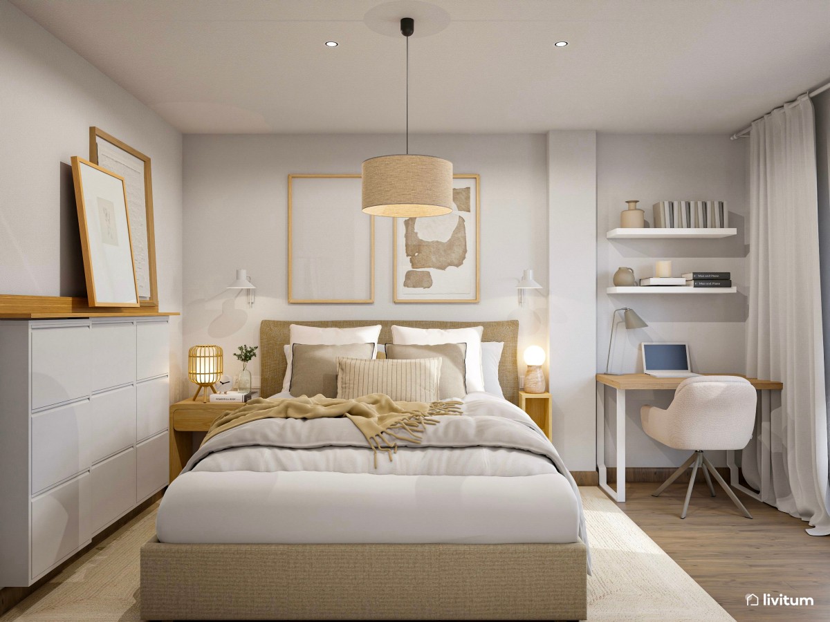 Dormitorio cálido, moderno y romántico con zona de trabajo