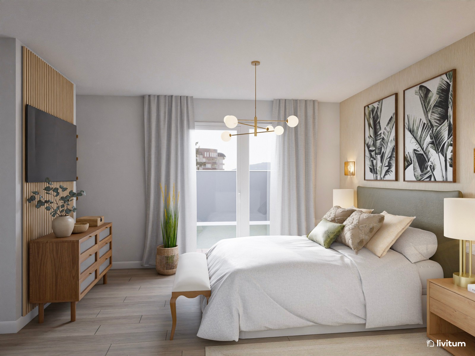 Dormitorio clásico con cabecero en verde musgo y complementos en fibras naturales