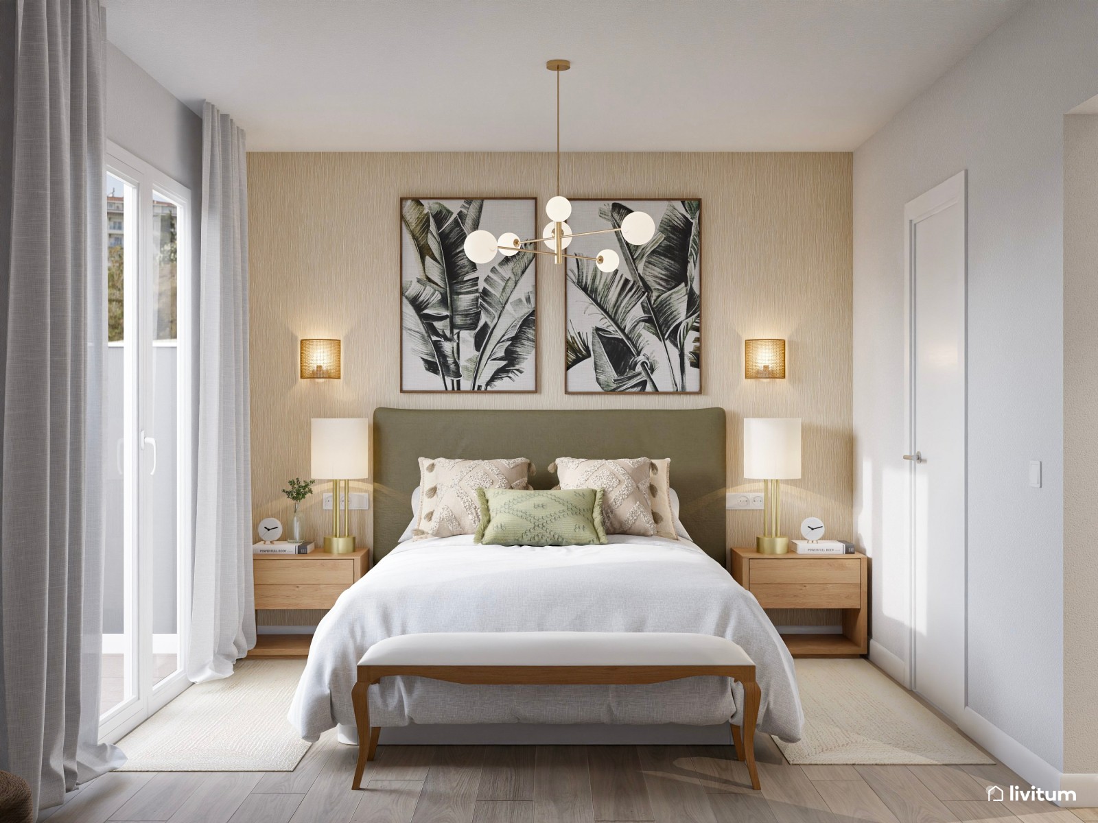 Dormitorio clásico con cabecero en verde musgo y complementos en fibras naturales