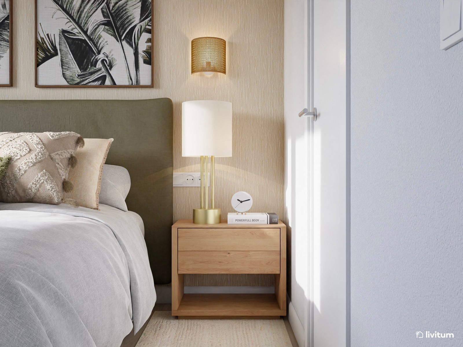 Dormitorio clásico con cabecero en verde musgo y complementos en fibras naturales