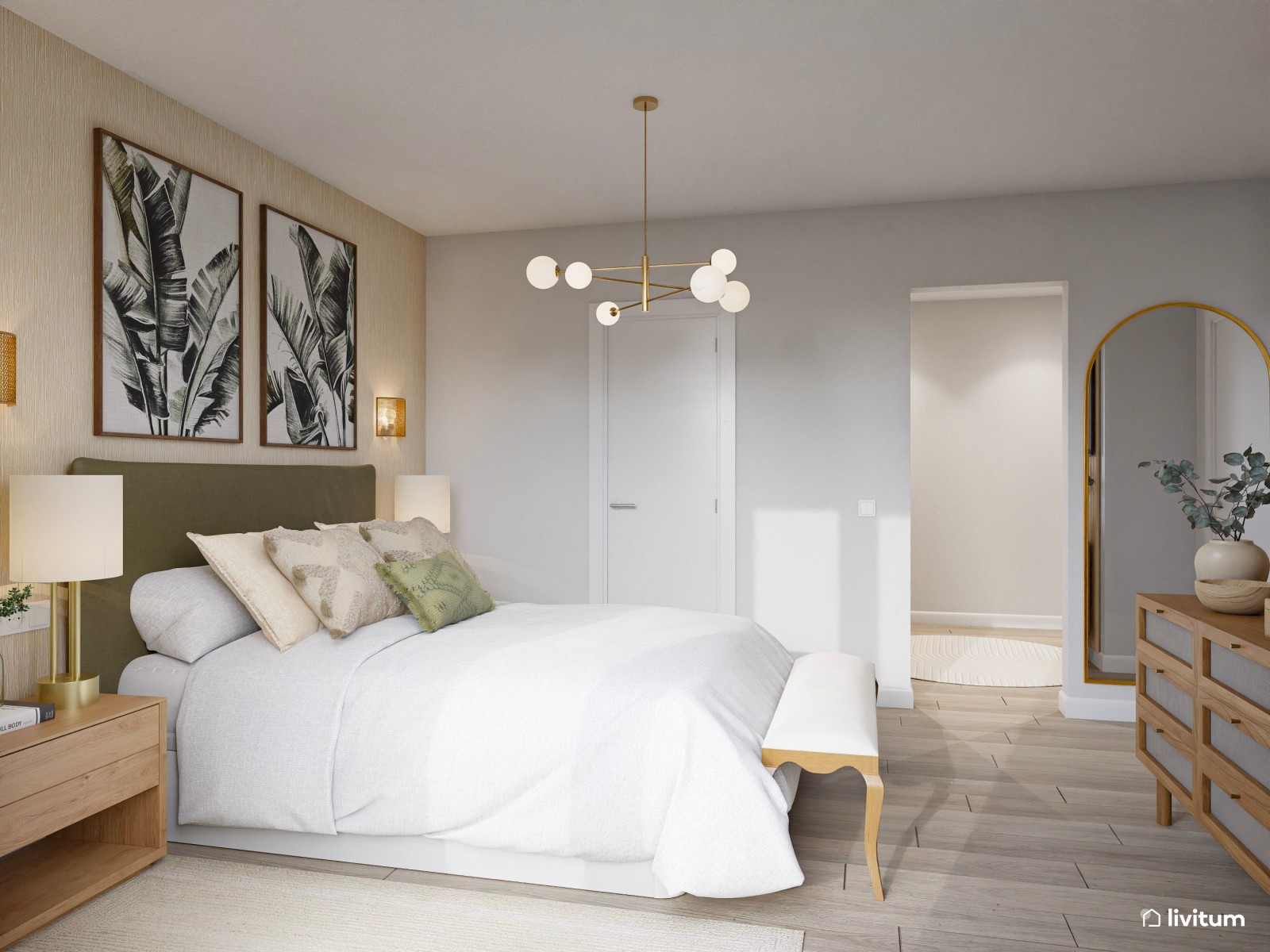 Dormitorio clásico con cabecero en verde musgo y complementos en fibras naturales