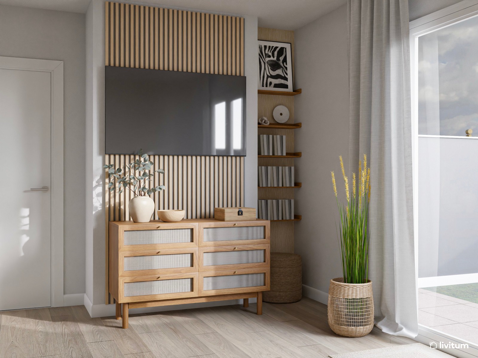 Dormitorio clásico con cabecero en verde musgo y complementos en fibras naturales