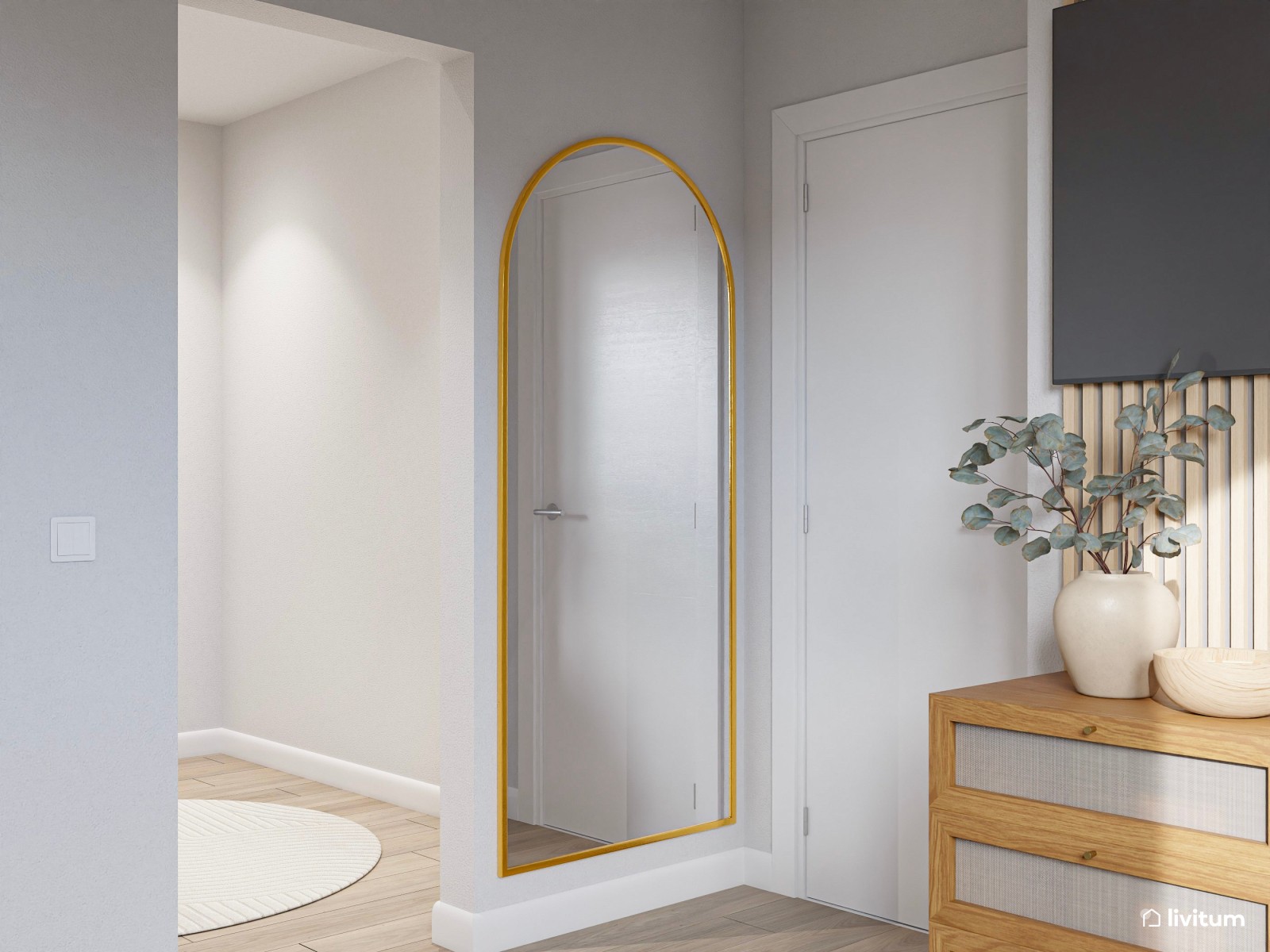 Dormitorio clásico con cabecero en verde musgo y complementos en fibras naturales