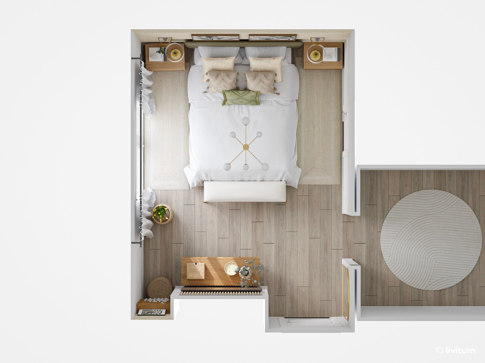 Dormitorio clásico con cabecero en verde musgo y complementos en fibras naturales