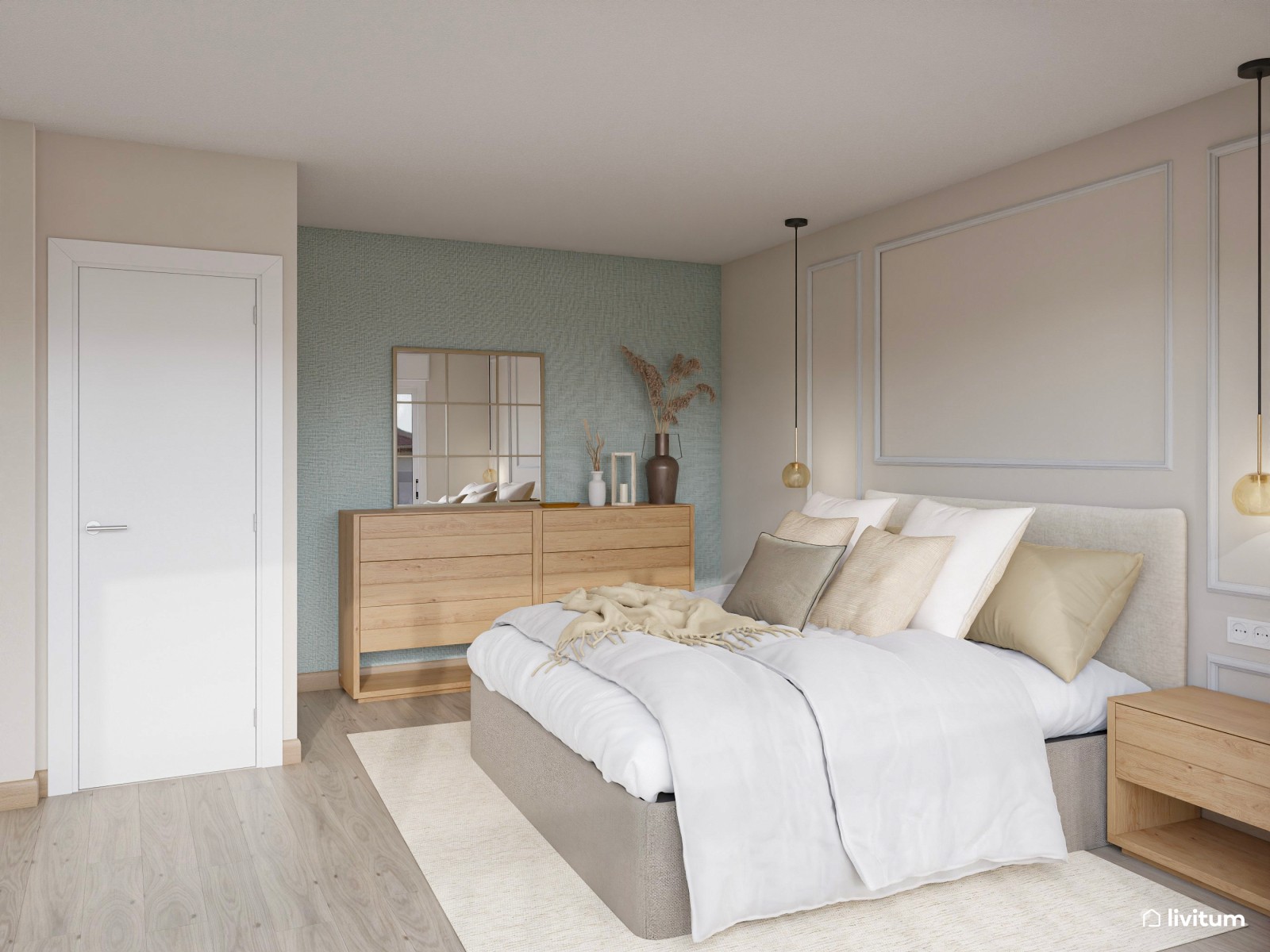 Dormitorio clásico con toques rústicos y acento en verde salvia