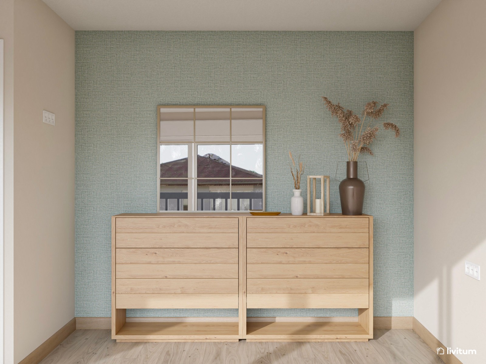 Dormitorio clásico con toques rústicos y acento en verde salvia