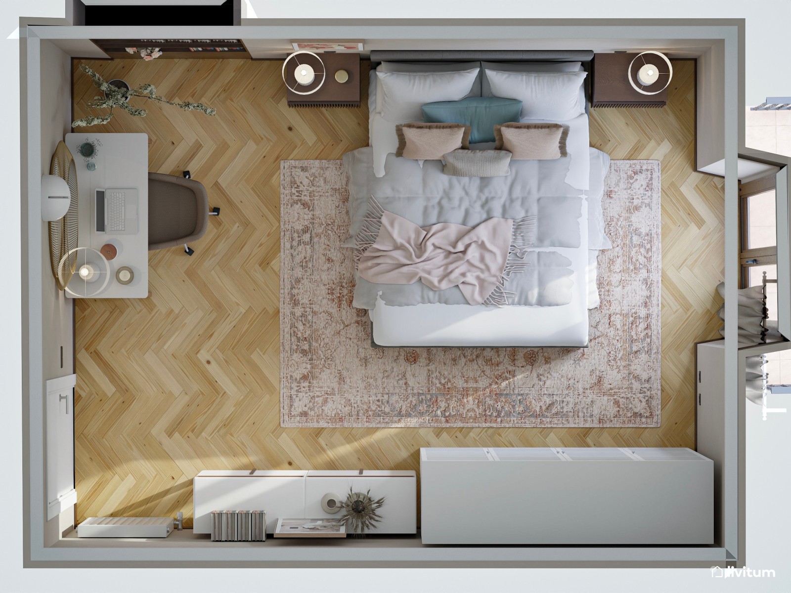 Dormitorio clásico y elegante con zona de escritorio