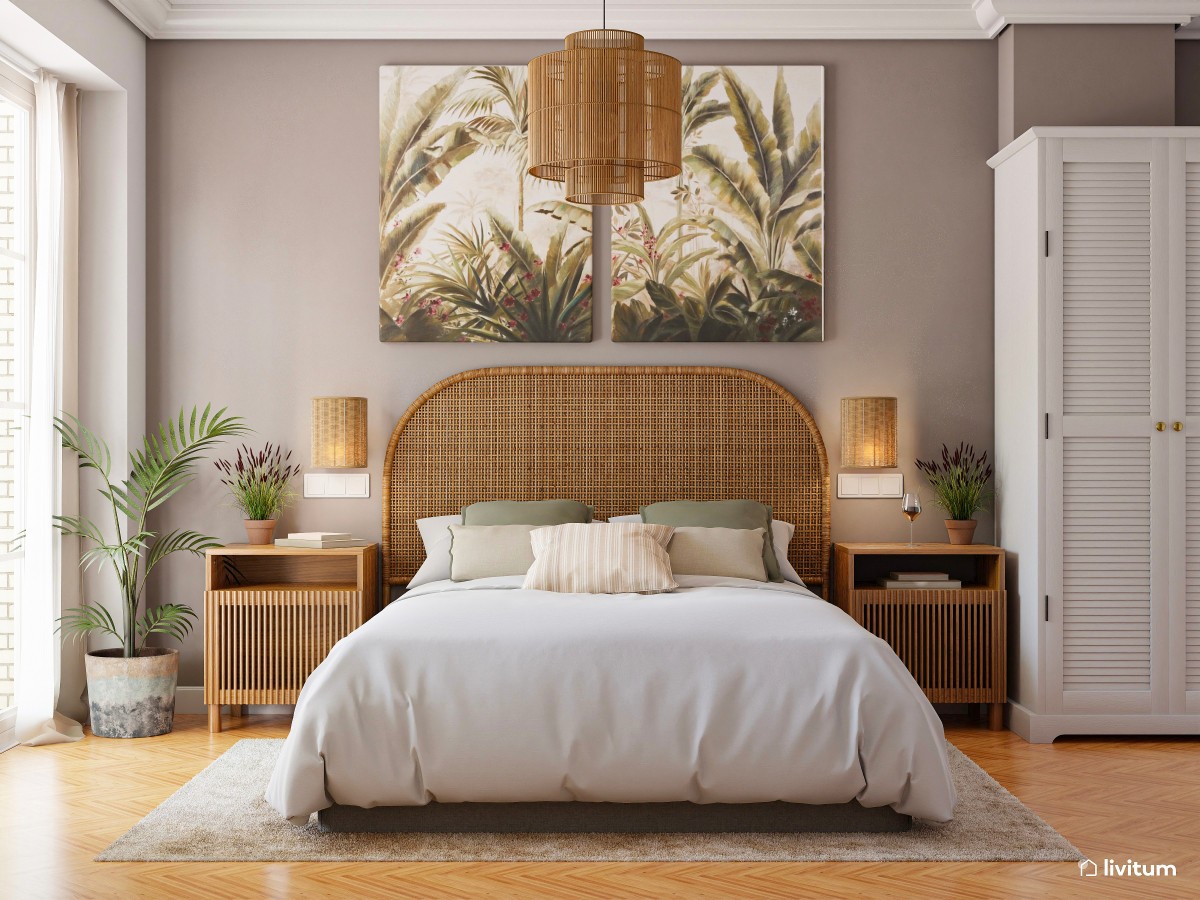 Dormitorio colonial con detalles tropicales