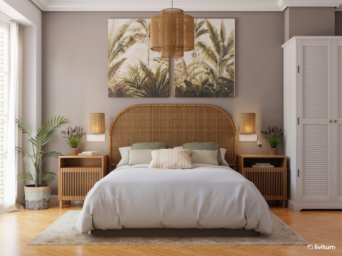 Dormitorio colonial con detalles tropicales