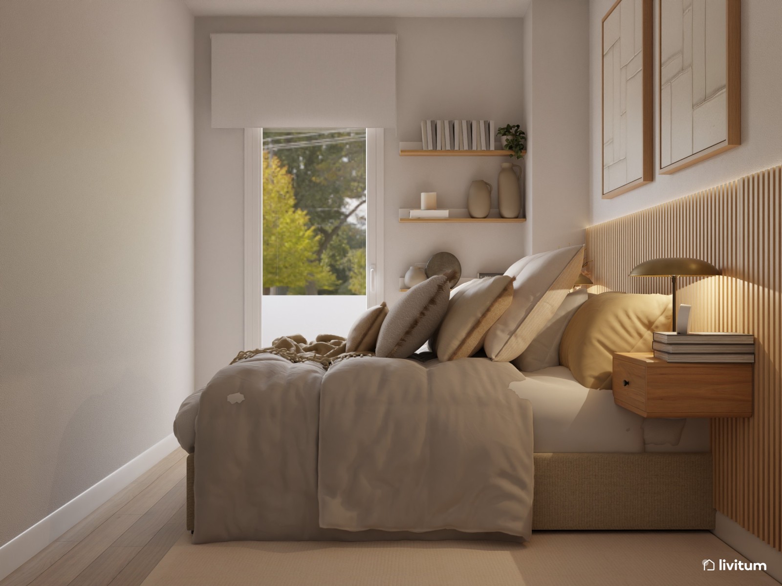 Dormitorio con cabecero alistonado y decoración elegante