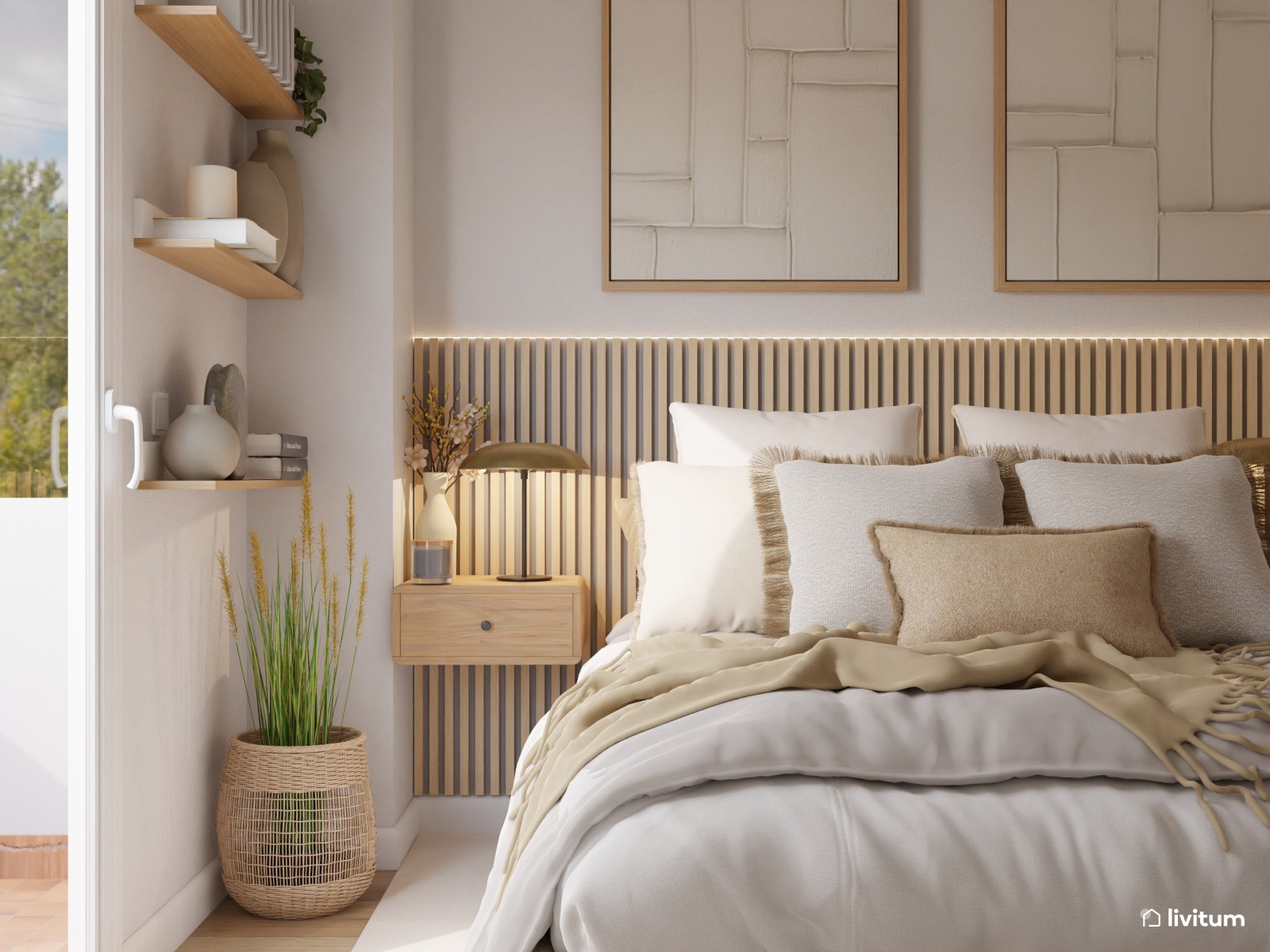 Dormitorio con cabecero alistonado y decoración elegante