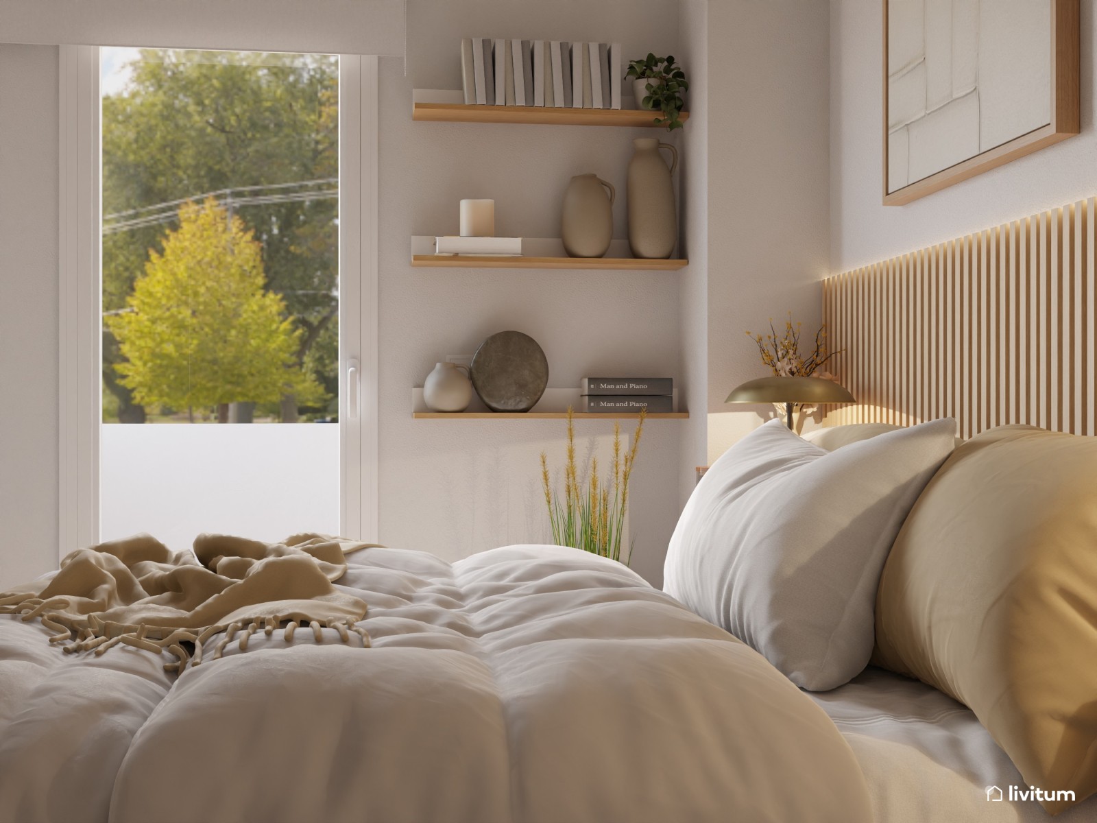 Dormitorio con cabecero alistonado y decoración elegante