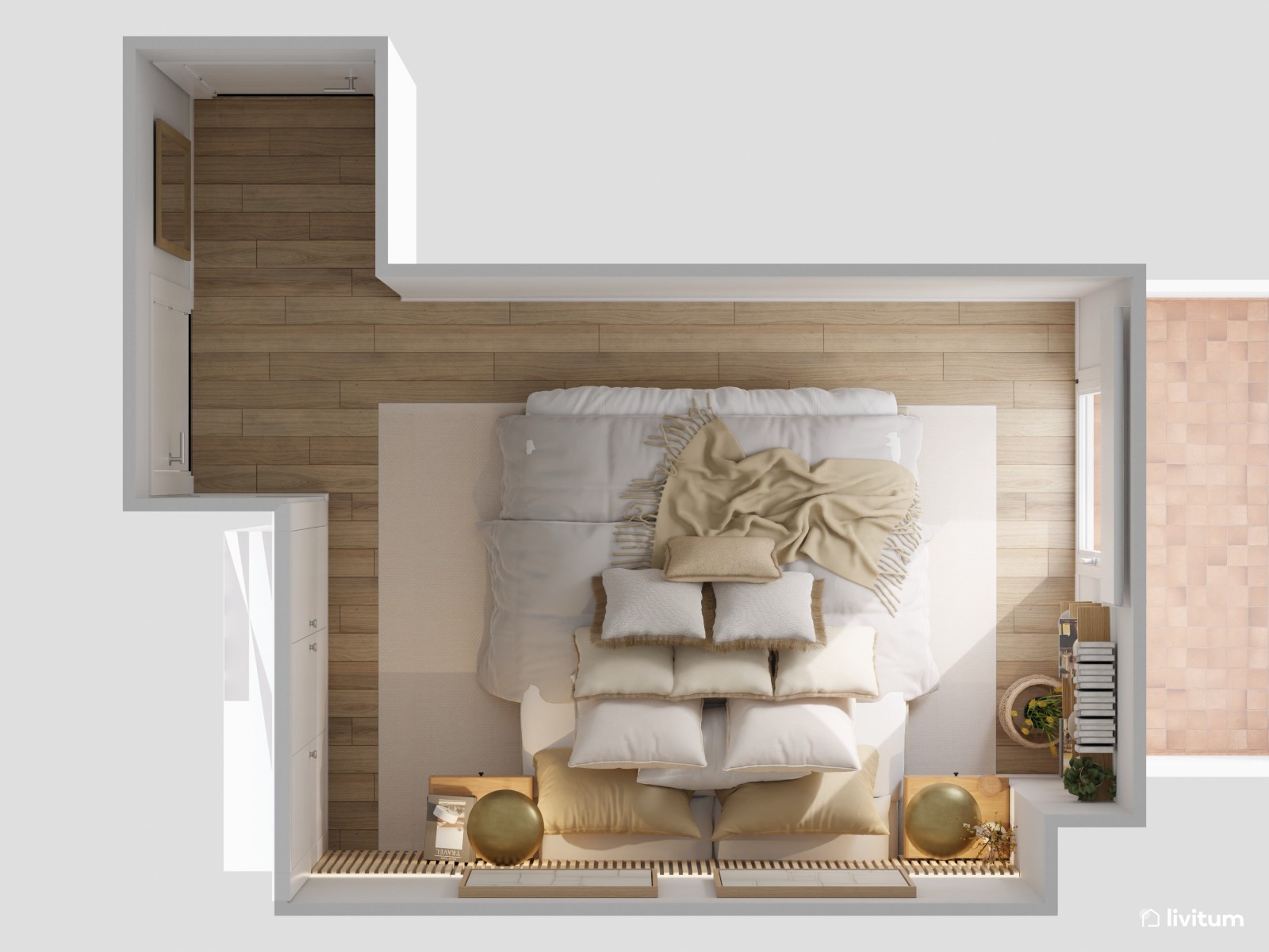 Dormitorio con cabecero alistonado y decoración elegante