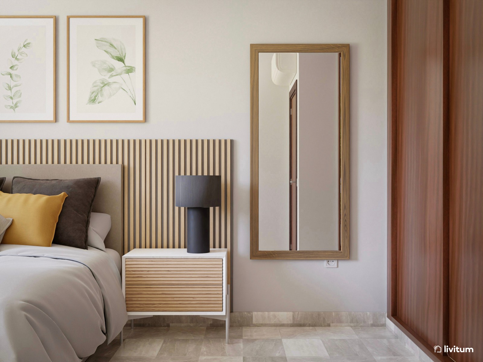 Dormitorio con cabecero en beige suave y listones de madera 