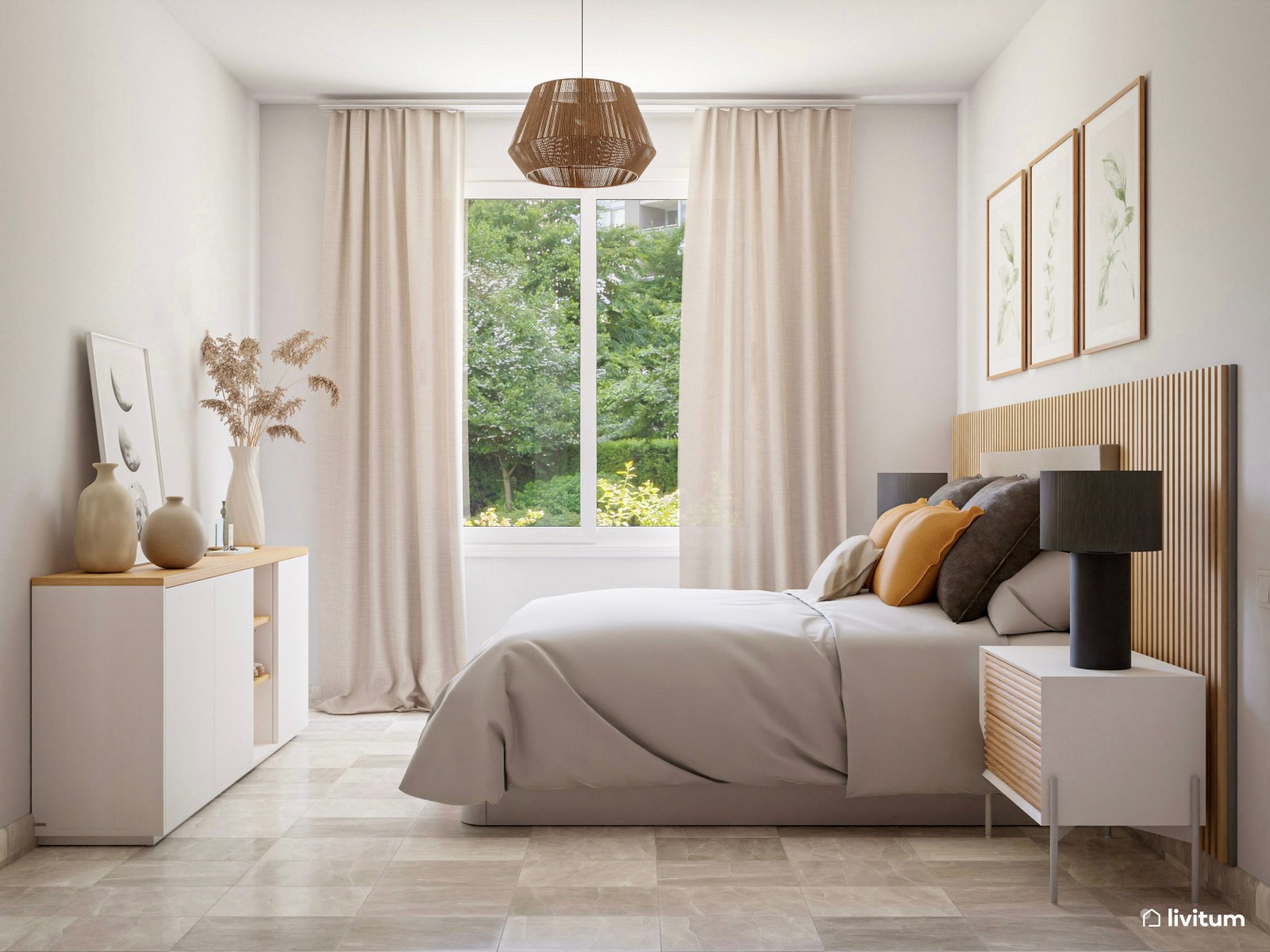 Dormitorio con cabecero en beige suave y listones de madera 
