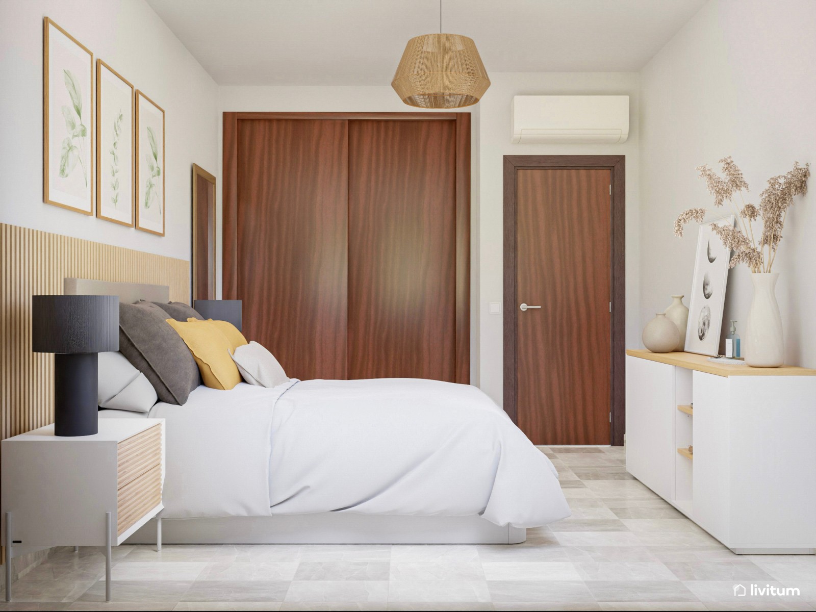 Dormitorio con cabecero en beige suave y listones de madera 