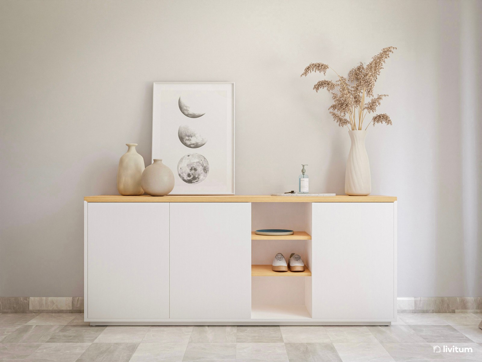 Dormitorio con cabecero en beige suave y listones de madera 