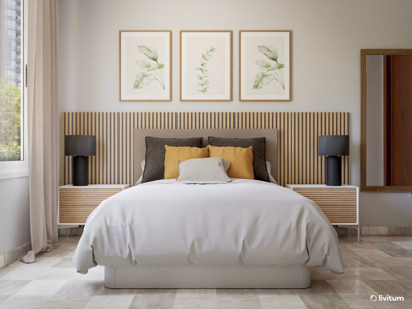Dormitorio con cabecero en beige suave y listones de madera 