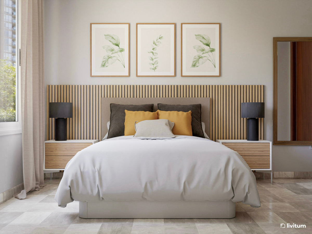 Dormitorio con cabecero en beige suave y listones de madera