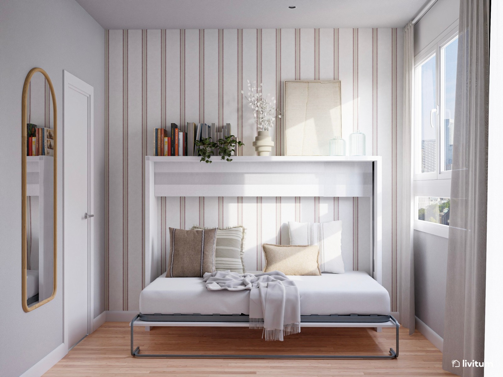 Dormitorio con cama abatible y escritorio 